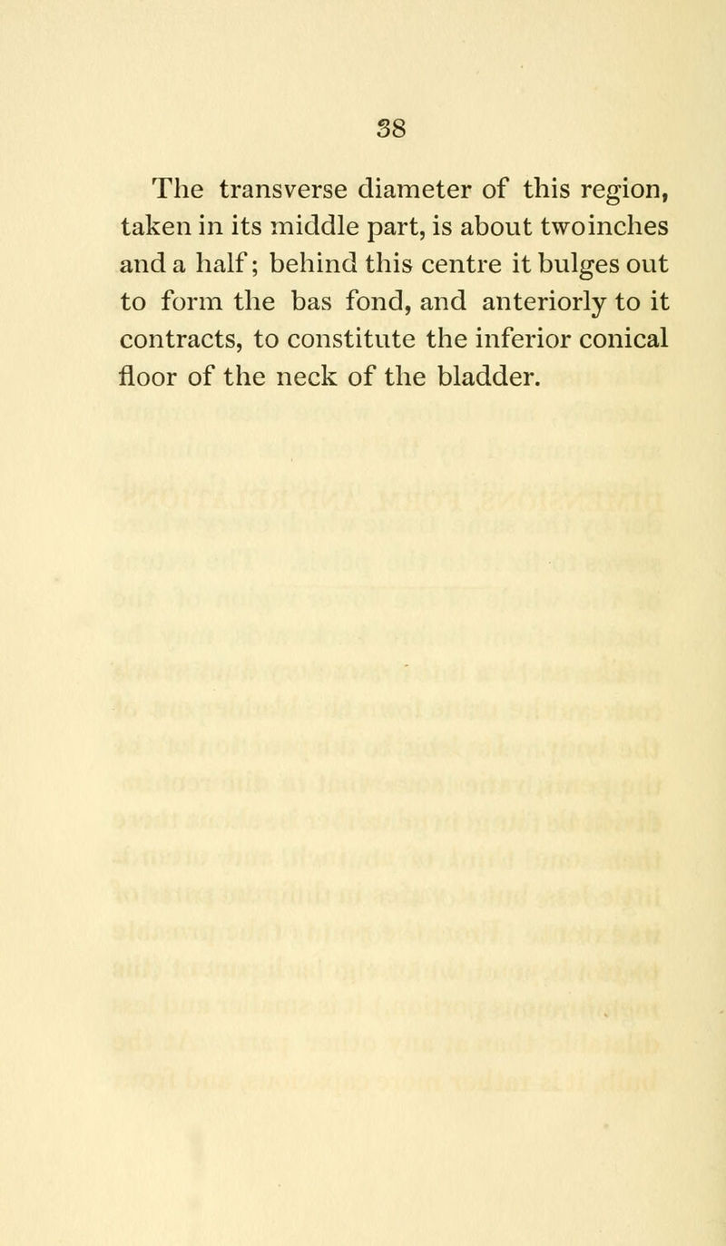 The transverse diameter of this region, taken in its middle part, is about twoinches and a half; behind this centre it bulges out to form the bas fond, and anteriorly to it contracts, to constitute the inferior conical