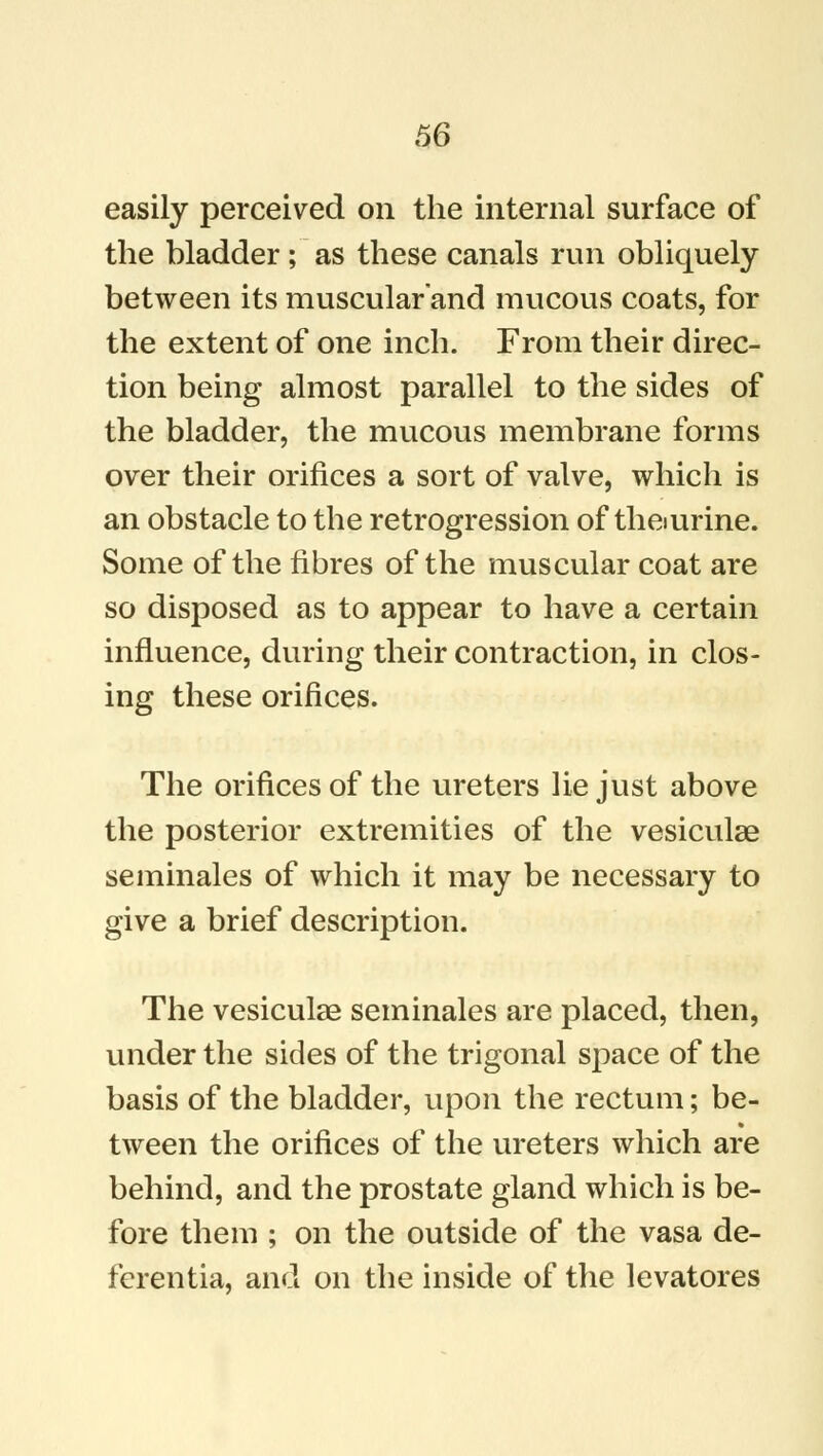 easily perceived on the internal surface of the bladder ; as these canals run obliquely between its muscular and mucous coats, for the extent of one inch. From their direc- tion being almost parallel to the sides of the bladder, the mucous membrane forms over their orifices a sort of valve, which is an obstacle to the retrogression of theiurine. Some of the fibres of the muscular coat are so disposed as to appear to have a certain influence, during their contraction, in clos- ing these orifices. The orifices of the ureters lie just above the posterior extremities of the vesiculae seminales of which it may be necessary to give a brief description. The vesiculae seminales are placed, then, under the sides of the trigonal space of the basis of the bladder, upon the rectum; be- tween the orifices of the ureters which are behind, and the prostate gland which is be- fore them ; on the outside of the vasa de- ferentia, and on the inside of the levatores