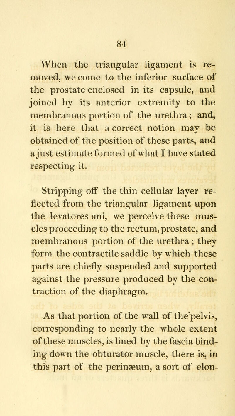 When the triangular ligament is re- moved, we come to the inferior surface of the prostate enclosed in its capsule, and joined by its anterior extremity to the membranous portion of the urethra ; and, it is here that a correct notion may be obtained of the position of these parts, and a just estimate formed of what I have stated respecting it. Stripping off the thin cellular layer re- flected from the triangular ligament upon the levatores ani, we perceive these mus- cles proceeding to the rectum, prostate, and membranous portion of the urethra ; they form the contractile saddle by which these parts are chiefly suspended and supported against the pressure produced by the con- traction of the diaphragm. As that portion of the wall of the'pelvis, corresponding to nearly the whole extent of these muscles, is lined by the fascia bind- ing down the obturator muscle, there is, in this part of the perinaeum, a sort of elon-