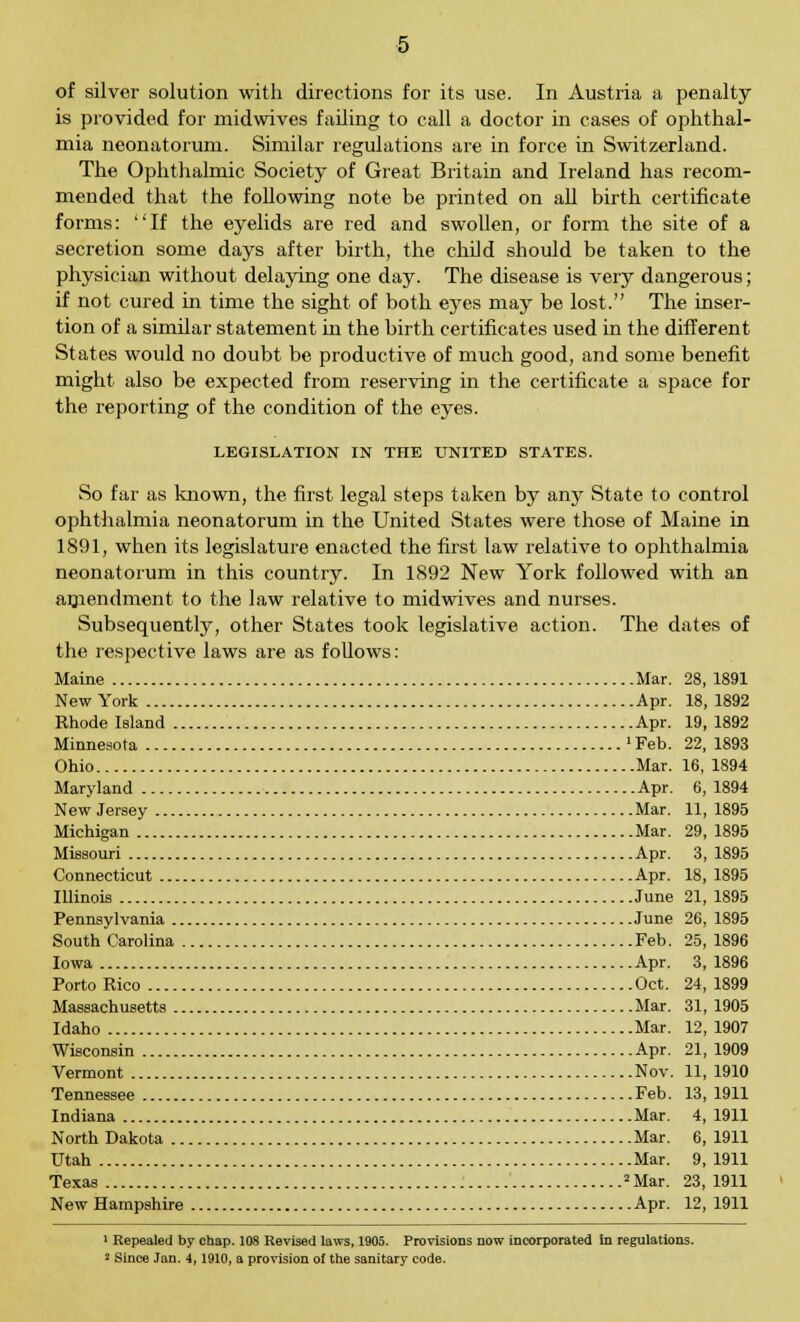 of silver solution with directions for its use. In Austria a penalty is provided for midwives failing to call a doctor in cases of ophthal- mia neonatorum. Similar regulations are in force in Switzerland. The Ophthalmic Society of Great Britain and Ireland has recom- mended that the following note be printed on all birth certificate forms: If the eyelids are red and swollen, or form the site of a secretion some days after birth, the child should be taken to the physician without delaying one day. The disease is very dangerous; if not cured in time the sight of both eyes may be lost. The inser- tion of a similar statement in the birth certificates used in the different States would no doubt be productive of much good, and some benefit might also be expected from reserving in the certificate a space for the reporting of the condition of the eyes. LEGISLATION IN THE UNITED STATES. So far as known, the first legal steps taken by any State to control ophthalmia neonatorum in the United States were those of Maine in 1891, when its legislature enacted the first law relative to ophthalmia neonatorum in this country. In 1892 New York followed with an amendment to the law relative to midwives and nurses. Subsequently, other States took legislative action. The dates of the respective laws are as follows: Maine Mar. 28, 1891 New York Apr. 18, 1892 Rhode Island Apr. 19, 1892 Minnesota ' Feb. 22, 1893 Ohio Mar. 16, 1894 Maryland Apr. 6, 1894 New Jersey Mar. 11, 1895 Michigan Mar. 29, 1895 Missouri Apr. 3, 1895 Connecticut Apr. 18, 1895 Illinois June 21, 1895 Pennsylvania June 26, 1895 South Carolina Feb. 25, 1896 Iowa Apr. 3, 1896 Porto Rico Oct. 24, 1899 Massachusetts Mar. 31, 1905 Idaho Mar. 12, 1907 Wisconsin Apr. 21, 1909 Vermont Nov. 11, 1910 Tennessee Feb. 13, 1911 Indiana Mar. 4, 1911 North Dakota Mar. 6, 1911 Utah Mar. 9, 1911 Texas 2 Mar. 23, 1911 New Hampshire Apr. 12, 1911 1 Repealed by chap. 108 Revised laws, 1905. ProvisioDS now incorporated in regulations.