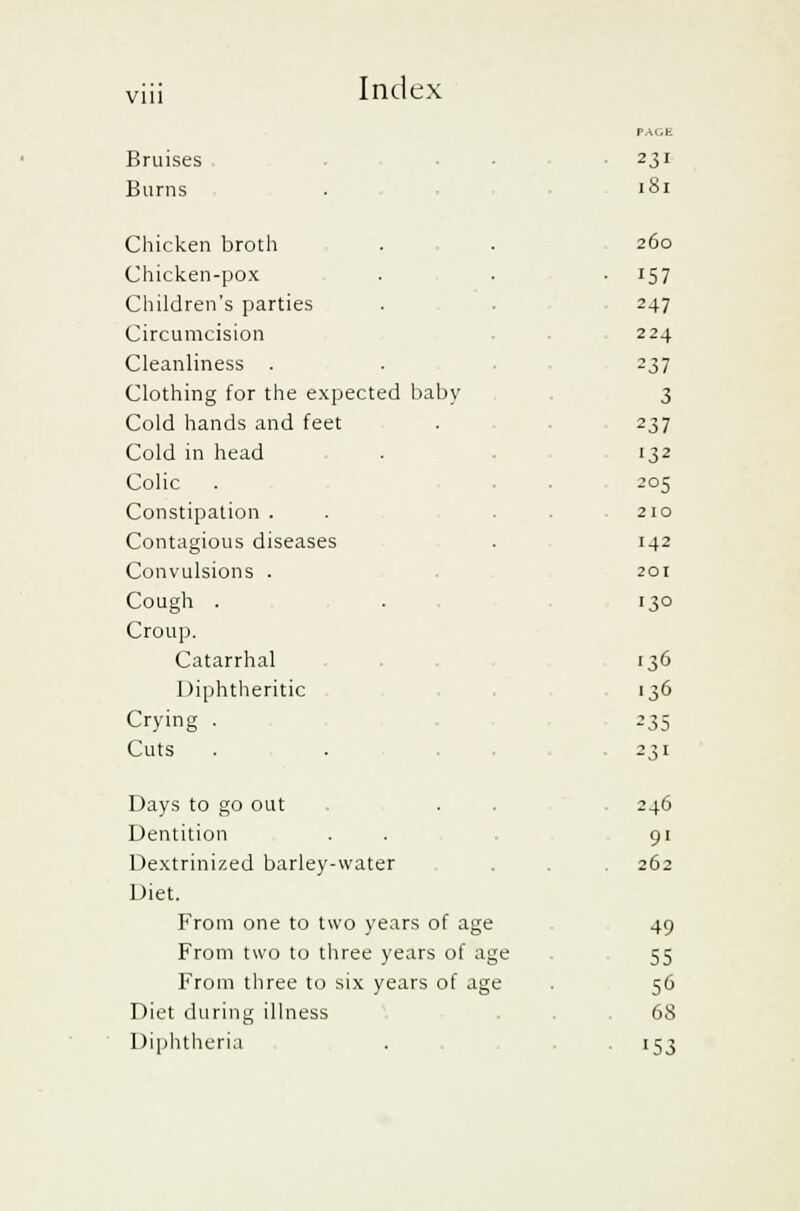 Vlll Bruises 231 Burns 181 Chicken broth 260 Chicken-pox ■ i57 Children's parties 247 Circumcision 224 Cleanliness . 237 Clothing for the expected baby 3 Cold hands and feet 237 Cold in head '32 Colic 205 Constipation . 2 10 Contagious diseases 142 Convulsions . 201 Cough . 130 Croup. Catarrhal 136 Diphtheritic '36 Crying . 235 Cuts 231 Days to go out 246 Dentition 9' Dextrinized barley-water 262 Diet. From one to two years of age 49 From two to three years of age 55 From three to six years of age 56 Diet during illness 68 Diphtheria '53