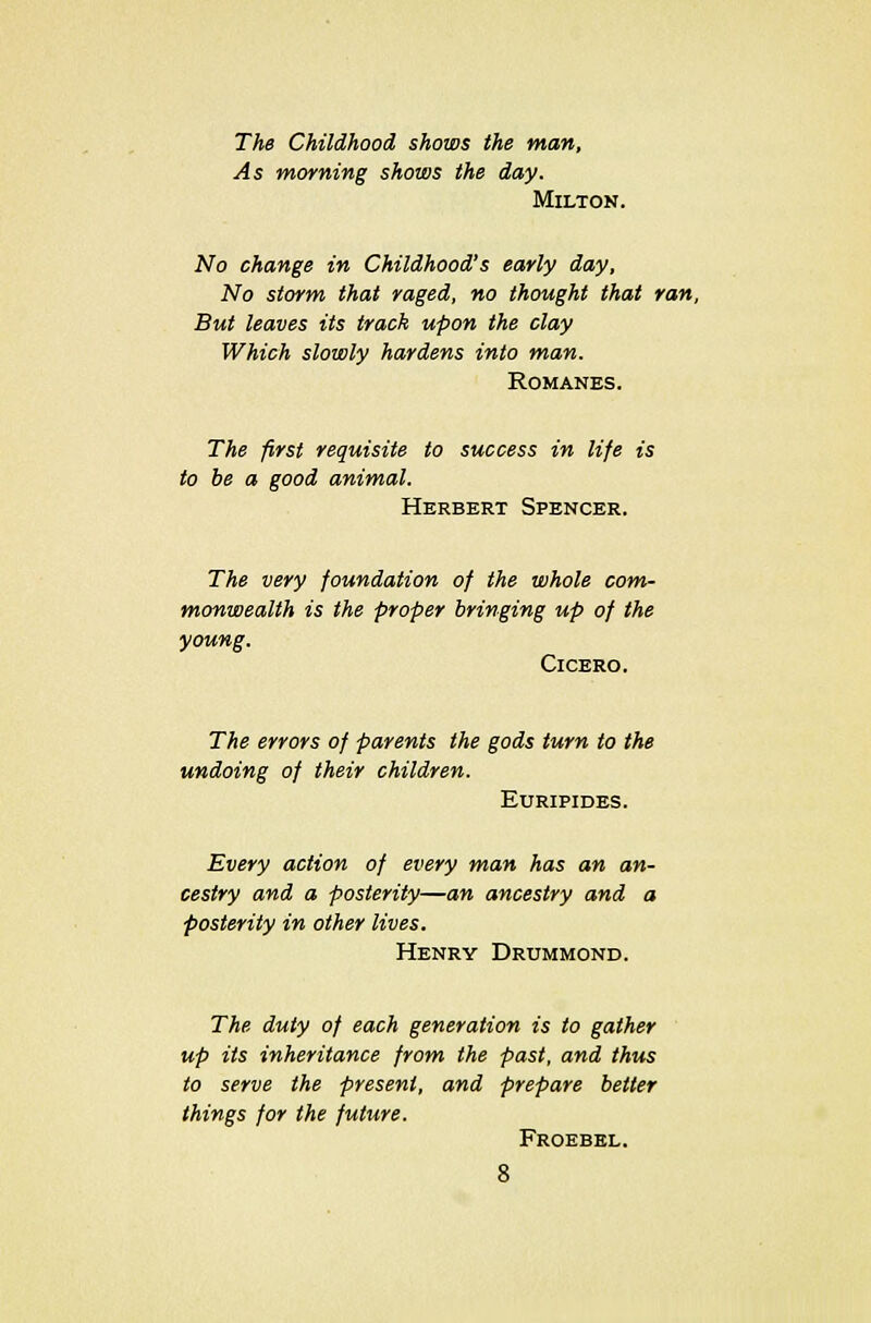 The Childhood shows the man, As morning shows the day. Milton. No change in Childhood's early day, No storm that raged, no thought that ran, But leaves its track upon the clay Which slowly hardens into man. Romanes. The first requisite to success in life is to be a good animal. Herbert Spencer. The very foundation of the whole com- monwealth is the proper bringing up of the young. Cicero. The errors of parents the gods turn to the undoing of their children. Euripides. Every action of every man has an an- cestry and a posterity—an ancestry and a posterity in other lives. Henry Drummond. The duty of each generation is to gather up its inheritance from the past, and thus to serve the present, and prepare belter things for the future. Froebel.