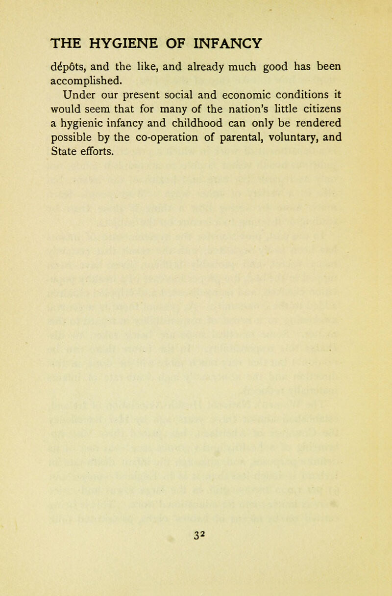 dep6ts, and the like, and already much good has been accomplished. Under our present social and economic conditions it would seem that for many of the nation's little citizens a hygienic infancy and childhood can only be rendered possible by the co-operation of parental, voluntary, and State efforts.