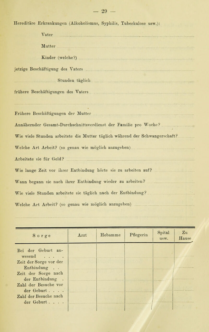 Hereditäre Erkrankungen (Alkoholismus, Syphilis, Tuberkulose usw.): Vater Mutter Kinder (welche?) jetzige Beschäftigung des Vaters Stunden täglich frühere Beschäftigungen des Vaters ... Frühere Beschäftigungen der Mutter Annähernder Gesamt-Durchschnittsverdienst der Familie pro Woche? Wie viele Stunden arbeitete die Mutter täglich während der Schwangerschaft? Welche Art Arbeit? (so genau wie möglich anzugeben) ....... Arbeitete sie für Geld? Wie lange Zeit vor ihrer Entbindung hörte sie zu arbeiten auf? Wann begann sie nach ihrer Entbindung wieder zu arbeiten? Wie viele Stunden arbeitete sie täglich nach der Entbindung? . . Welche Art Arbeit? (so genau wie möglich anzugeben) Sorge Arzt Hebamme Pflegerin Spital usw. Zu Hause Bei der Geburt an- wesend ... Zeit der Sorge vor der Entbindung . . Zeit der Sorge nach der Entbindung Zahl der Besuche vor der Geburt .... Zahl der Besuche nach der Geburt .... /