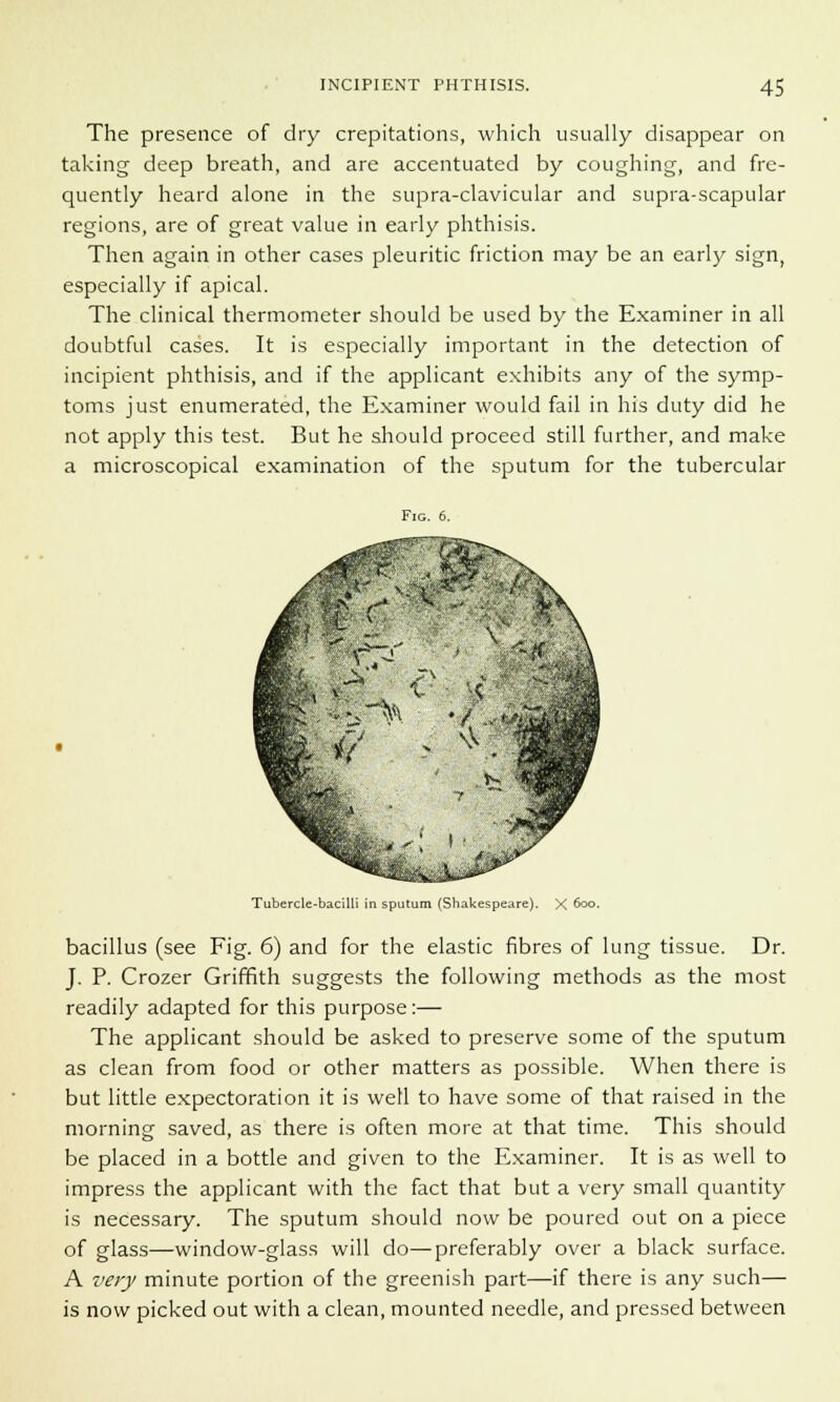 The presence of dry crepitations, which usually disappear on taking deep breath, and are accentuated by coughing, and fre- quently heard alone in the supra-clavicular and supra-scapular regions, are of great value in early phthisis. Then again in other cases pleuritic friction may be an early sign, especially if apical. The clinical thermometer should be used by the Examiner in all doubtful cases. It is especially important in the detection of incipient phthisis, and if the applicant exhibits any of the symp- toms just enumerated, the Examiner would fail in his duty did he not apply this test. But he should proceed still further, and make a microscopical examination of the sputum for the tubercular Tubercle-bacilli in sputum (Shakespeare). X 600. bacillus (see Fig. 6) and for the elastic fibres of lung tissue. Dr. J. P. Crozer Griffith suggests the following methods as the most readily adapted for this purpose:— The applicant should be asked to preserve some of the sputum as clean from food or other matters as possible. When there is but little expectoration it is well to have some of that raised in the morning saved, as there is often more at that time. This should be placed in a bottle and given to the Examiner. It is as well to impress the applicant with the fact that but a very small quantity is necessary. The sputum should now be poured out on a piece of glass—window-glass will do—preferably over a black surface. A very minute portion of the greenish part—if there is any such— is now picked out with a clean, mounted needle, and pressed between