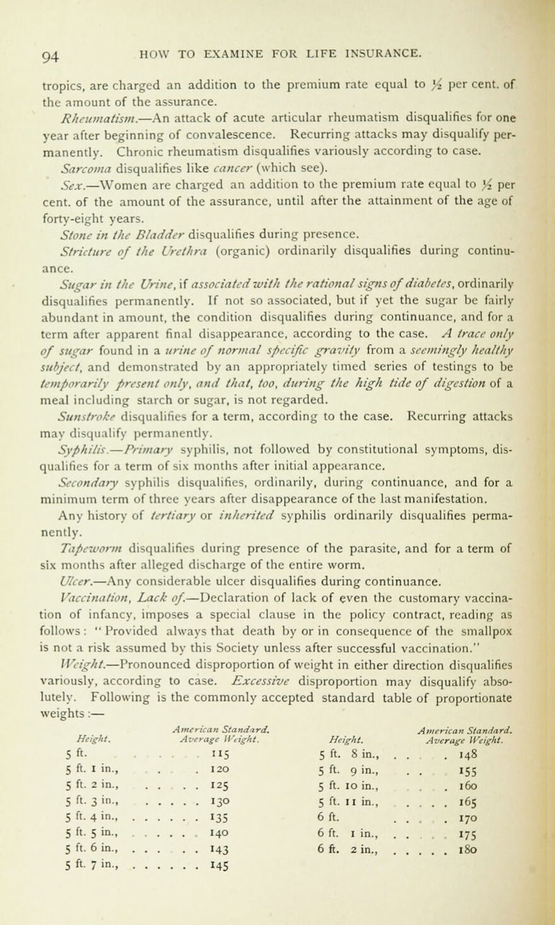 tropics, are charged an addition to the premium rate equal to }i per cent, of the amount of the assurance. Rheumatism.—An attack of acute articular rheumatism disqualifies for one year after beginning of convalescence. Recurring attacks may disqualify per- manently. Chronic rheumatism disqualifies variously according to case. Sarcoma disqualifies like cancer (which see). Sex.—Women are charged an addition to the premium rate equal to % per cent, of the amount of the assurance, until after the attainment of the age of forty-eight years. Stone in the Bladder disqualifies during presence. Stricture of the i 'rethra (organic) ordinarily disqualifies during continu- ance. Sugar in the Urine, if associated with therational signs ofdiabetes, ordinarily disqualifies permanently. If not so associated, but if yet the sugar be fairly abundant in amount, the condition disqualifies during continuance, and for a term after apparent final disappearance, according to the case. A trace only of sugar found in a urine of normal specific gravity from a seemingly healthy subject, and demonstrated by an appropriately timed series of testings to be temporarily present only, and that, too, during the high tide of digestion of a meal including starch or sugar, is not regarded. Sunstroke disqualifies for a term, according to the case. Recurring attacks may disqualify permanently. Syphilis.—Primary syphilis, not followed by constitutional symptoms, dis- qualifies for a term of six months after initial appearance. Secondary syphilis disqualifies, ordinarily, during continuance, and for a minimum term of three years after disappearance of the last manifestation. Any history of tertiary or inherited syphilis ordinarily disqualifies perma- nently. Tapeworm disqualifies during presence of the parasite, and for a term of six months after alleged discharge of the entire worm. Ulcer.—Any considerable ulcer disqualifies during continuance. Vaccination, Lack of.—Declaration of lack of even the customary vaccina- tion of infancy, imposes a special clause in the policy contract, reading as follows: Provided always that death by or in consequence of the smallpox is not a risk assumed by this Society unless after successful vaccination. Weight.—Pronounced disproportion of weight in either direction disqualifies variously, according to case. Excessive disproportion may disqualify abso- lutely. Following is the commonly accepted standard table of proportionate weights:— American Standard. Height. Average Weight. 5 ft. 115 5 ft. I in., . .120 5 ft. 2 in 125 5 ft. 3 in. 130 5 ft- 4 in 135 5 ft. 5 in., ... 140 5 ft 6 in.. 143 5 ft- 7 in-, MS Height. 5 ft. 8 in., American Standard. Average Weight. .148 5 ft. 9 in., 5 ft. 10 in., • . 155 . 160 5 ft. 11 in., 6 ft. 6 ft. 1 in., .... 165 . . . . I70 • - 175 6 ft. 2 in., .... 180