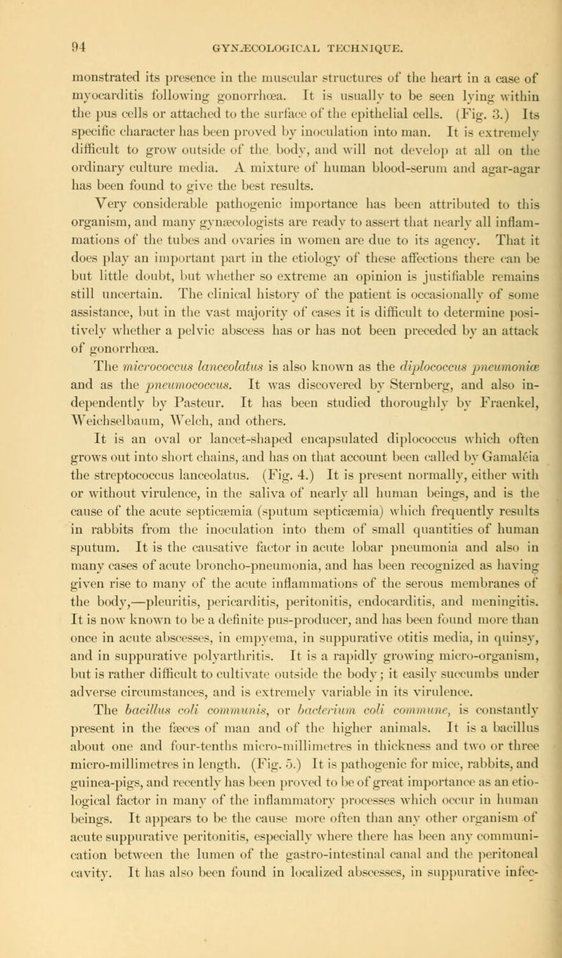 monstrated its presence in the muscular structures of the heart in a case of myocarditis following gonorrhoea. It is usually to be seen lying within the pus cells or attached to the surface of the epithelial cells. (Fig. 3.) Its specific character has been proved by inoculation into man. It is extremely difficult to grow outside of the body, and will not develop at all on the ordinary culture media. A mixture of human blood-serum and agar-agar has been found to give the best results. Very considerable pathogenic importance has been attributed to this organism, and many gynaecologists are ready to assert that nearly all inflam- mations of the tubes and ovaries in women are due to its agency. That it does play an important part in the etiology of these affections there can be but little doubt, but whether so extreme an opinion is justifiable remains still uncertain. The clinical history of the patient is occasionally of some assistance, but in the vast majority of cases it is difficult to determine posi- tively whether a pelvic abscess has or has not been preceded by an attack of gonorrhoea. The micrococcus lanceolatus is also known as the diplococcv* pneumonia and as the pncumococcm. It was discovered by Sternberg, and also in- dependently by Pasteur. It has been studied thoroughly by Fraenkel, Weichselbaum, Welch, and others. It is an oval or lancet-shaped encapsulated diplococcus which often grows out into short chains, and has on that account been called by Gamaleia the streptococcus lanceolatus. (Fig. 4.) It is present normally, either with or without virulence, in the saliva of nearly all human beings, and is the cause of the acute septicaemia (sputum septicemia) which frequently results in rabbits from the inoculation into them of small quantities of human sputum. It is the causative factor in acute lobar pneumonia and also in many cases of acute broncho-pneumonia, and has been recognized as having given rise to many of the acute inflammations of the serous membranes of the body,—pleuritis, pericarditis, peritonitis, endocarditis, and meningitis. It is now known to be a definite pus-producer, and has been found more than once in acute abscesses, in empyema, in suppurative otitis media, in quinsy, and in suppurative polyarthritis. It is a rapidly growing micro-organism, but is rather difficult to cultivate outside the body; it easily succumbs under adverse circumstances, and is extremely variable in its virulence. The bacillus coli communis, or bacterium coli commune, \> constantly present in the faeces of man and of the higher animals. It is a bacillus about one and four-tenths micro-millimetres in thickness and two or three micro-millimetres in length. (Fig. 5.) it is pathogenic for mice, rabbits, and guinea-pigs, and recently has been proved to be of great importance as an etio- logical factor in many of the inflammatory processes which occur in human beings. It appears to be the cause more often than any other organism of acute suppurative peritonitis, especially where there has been any communi- cation between the lumen of the gastro-intestinal canal and the peritoneal cavity. It has also been found in localized abscesses, in suppurative infeo-