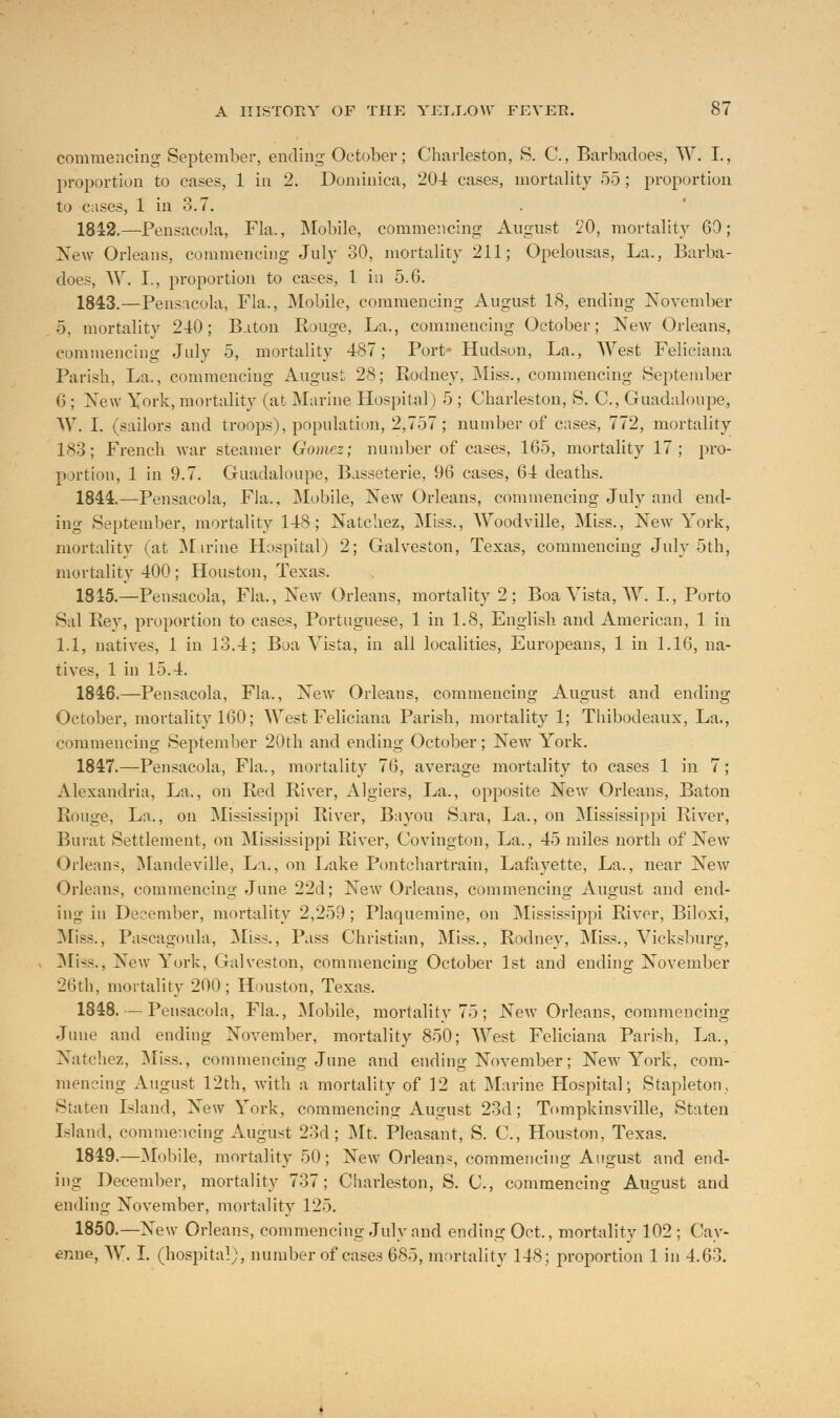 commencing September, ending October; Charleston, S. C, Barbadoes, W. I., proportion to cases, 1 in 2. Dominica, 204 cases, mortality 55; proportion to cases, 1 in 3.7. 1842.—Pensacola, Fla., Mobile, commencing August 20, mortality 60; New Orleans, commencing July 30, mortality 211; Opelousas, La., Barba- does, W. I., proportion to cases, 1 iu 5.6. 1843.—Pensacola, Fla., Mobile, commencing August IS, ending November 5, mortality 240; Baton Rouge, La., commencing October; New Orleans, commencing July 5, mortality 487; Port- Hudson, La., West Feliciana Parish, La., commencing August 28; Rodney, Miss., commencing September 6 ; New York, mortality (at Marine Hospital) 5 ; Charleston, S. C, Guadaloupe, W. I. (sailors and troops), population, 2,757; number of cases, 772, mortality 183; French war steamer Gomez; number of cases, 165, mortality 17; pro- portion, 1 in 9.7. Guadaloupe, Basseterie, 96 cases, 64 deaths. 1844.—Pensacola, Fla., Mobile, New Orleans, commencing July and end- ing September, mortality 148; Natchez, Miss., Woodville, Miss., New York, mortality (at Marine Hospital) 2; Galveston, Texas, commencing July 5th, mortality 400; Houston, Texas. 1815.—Pensacola, Fla., New Orleans, mortality 2; BoaYista, W. I., Porto Sal Rev, proportion to cases, Portuguese, 1 in 1.8, English and American, 1 in 1.1, natives, 1 in 13.4; Boa Yista, in all localities, Europeans, 1 in 1.16, na- tives, 1 in 15.4. 1846.—Pensacola, Fla., New Orleans, commencing August and ending October, mortality 160; West Feliciana Parish, mortality 1; Thibodeaux, La., commencing September 20th and ending October; New York. 1847.—Pensacola, Fla., mortality 76, average mortality to cases 1 in 7; Alexandria, La., on Red River, Algiers, La., opposite New Orleans, Baton Rouge, La., on Mississippi River, Bayou Sara, La., on Mississippi River, Buiat Settlement, on Mississippi River, Covington, La., 45 miles north of New Orleans, Mandeville, La., on Lake Pontchartrain, Lafayette, La., near New Orleans, commencing June 22d; New Orleans, commencing August and end- ing in December, mortality 2,259 ; Plaquemine, on Mississippi River, Biloxi, Miss., Pascagoula, Miss., Pass Christian, Miss., Rodney, Miss., Vicksburg, Miss., New York, Galveston, commencing October 1st and ending November 26th, mortality 200; Houston, Texas. 1848. — Pensacola, Fla., Mobile, mortality 75 ; New Orleans, commencing June and ending November, mortality 850; West Feliciana Parish, La., Natchez, Miss., commencing June and ending November; New York, com- mencing August 12th, with a mortality of 12 at Marine Hospital; Stapleton, Staten Island, New York, commencing August 23d; Tompkinsville, Staten Island, commencing August 23d; Mt. Pleasant, S. C, Houston, Texas. 1819.—Mobile, mortality 50; New Orlean-, commencing August and end- ing December, mortality 737; Charleston, S. C, commencing August and ending November, mortality 125. 1850.—New Orleans, commencing July and ending Oct., mortality 102; Cay- enne, W. L (hospital), number of cases 685, mortality 148; proportion 1 in 4.63.