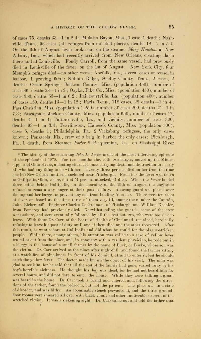 of cases 75, deaths 33—1 in 2.4 ; Mulatto Bayou, Miss., 1 case, 1 death ; Nash- ville, Teun., 96 cases (all refuges from infected places), deaths 18—1 in 5.4. On the 6th of August fever broke out on the steamer Mary Houston at New Albany, Ind., which had recently arrived from New Orleans, creating alarm there and at Louisville. Fondy Carroll, from the same vessel, had previously died in Louisville of the fever, on the 1st of August. New York City, four Memphis refuges died—no other cases; Norfolk, Va., several cases on vessel in harbor, 1 proving fatal; Nubbin Ridge, Shelby County, Tenn., 2 cases, 2 deaths; Ocean Springs, Jackson County, Miss, (population 450), number of cases 86, deaths28—1 in 3 ; Ozyka, Pike Co., Miss, (population 450), number of cases 350, deaths 53—1 in 6.2 ; Paincourtville, La. (population 400), number of ca*es 159, deaths 13—1 in 12 ; Paris, Tenn., 118 cases, 28 deaths—1 in 4; Pass Christian, Miss, (population 1,250), number of cases 200, deaths 27—1 in 7.3; Pascagoula, Jackson County, Miss, (population 650), number of cases 17, deaths 4—1 in 4; Pattersonville, La., and vicinity, number of cases 300, deaths 93—1 in 3.4; Pearlington, Hancock County, Miss, (population 500), cases 5, deaths 1; Philadelphia, Pa., 2 Vicksburg refugees, the only cases known ; Pensacola, Fla., crew of a brig in harbor the only cases; Pittsburgh, Pa., 1 death, from Steamer Porter;* Plaquemine, La., on Mississippi River * The history of the steam-tug John D. Porter is one of the most interesting episodes of the epidemic of 1878. For two months she, with two barges, moved up the Missis- sippi and Ohio rivers, a floating charnel-house, carrying death and destruction to nearly all who had any thing to do with her. Twenty-three persons died on her from the time she left New Orleans until she anchored near Pittsburgh. From her the fever was taken to Gallipolis, Ohio, where, out of 51 persons attacked, 31 died. When the Porter landed three miles below Gallipolis, on the morning of the 19th of August, the engineers refused to remain any longer at their post of duty. A strong guard was placed over the tug and her barges to prevent any one from landing from her. There were ten cases of fever on board at the time, three of them very ill, among the number the Captain, John Bickerstaff. Engineer Charles De Grelmr.n, of Pittsburgh, and William Koehler, from Pomeroy, had previously died. Notwithstanding the guards, some of the crew went ashore, and were eventually followed by all the rest but two, who were too sick to leave. With these Dr. Carr, of the Board of Health of Cincinnati, remained, heroically refusing to leave his post of duty until one of them died and the other recovered. After this result, he went ashore at Gallipolis and did what he could for the plague-stricken people. While there, among others, his attention was called to a case of yellow fever ten miles out from the place, and, in company with a resident physician, he rode out in a buggy to the house of a small farmer by the name of Buck, or Burke, whose son was the victim. Dr. Carr arrived at the place after night-fall, and found the farmer sitting at a watch-fire of pine-knots in front of his domicil, afraid to enter it, lest he should catch the yellow fever. The doctor made known the object of his visit. The man was glad to see him, for he said that all the rest of the family had gone, scared away by his boy's horrible sickness. He thought his boy was dead, for he had not heard him for several hours, and did not dare to enter the house. While they were talking a groan was heard in the house. Dr. Carr took a brand and entered, and, following the direc- tions of the father, found the bedroom, but not the patient. The place was in a state of disorder, and was filthy. An abominable stench pervaded it, and the three ground- floor rooms were smeared all over with black vomit and other unutterable excreta of the wretched victim. It was a sickening sight. Dr. Carr came out and told the father that