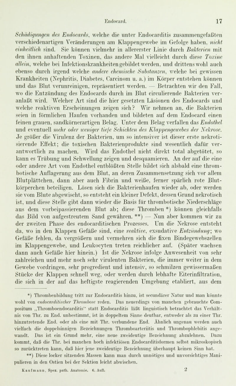 Schädigungen des Endocards, welche die unter Endocarditis zusammengefaßten verschiedenartigen Veränderungen am Klappengewebe im Gefolge haben, nickt einheitlich sind. Sie können vielmehr in allererster Linie durch Bakterien mit den ihnen anhaftenden Toxinen, das andere Mal vielleicht durch diese Toxme allein, welche bei Infektionskrankheiten gebildet werden, und drittens wohl auch ebenso durch irgend welche andere chemische Substanzen, welche bei gewissen Krankheiten (Nephritis, Diabetes, Carcinom u. a.) im Körper entstehen können und das Blut verunreinigen, repräsentiert werden. — Betrachten wir den Fall, wo die Entzündung des Endocards durch im Blut circulierende Bakterien ver- anlaßt wird. Welcher Art sind die hier gesetzten Läsionen des Endocards und welche reaktiven Erscheinungen zeigen sich? Wir nehmen an, die Bakterien seien in förmlichen Haufen vorhanden und bildeten auf dem Endocard einen feinen grauen, sandkörnerartigen Belag. Unter dem Belag verfallen das Endothel und eventuell mehr oder weniger tiefe Schichten des Klappengewebes der Nekrose. Je größer die Virulenz der Bakterien, um so intensiver ist dieser erste nekroti- sierende Effekt; die toxischen Bakterienprodukte sind wesentlich dafür ver- antwortlich zu machen. Wird das Endothel nicht direkt total abgetötet, so kann es Trübung und Schwellung zeigen und desquamieren. An der auf die eine oder andere Art vom Endothel entblößten Stelle bildet sich alsbald eine throm- botische Auflagerung aus dem Blut, an deren Zusammensetzung sich vor allem Blutplättchen, dann aber auch Fibrin und weiße, ferner spärlich rote Blut- körperehen beteiligen. Lösen sich die Bakterienhaufen wieder ab, oder werden sie vom Blute abgewischt, so entsteht ein kleiner Defekt, dessen Grund nekrotisch ist, und diese Stelle gibt dann wieder die Basis für thrombotische Niederschläge aus dem vorbeipassierenden Blut ab; diese Thromben *) können gleichfalls das Bild von aufgestreutem Sand gewähren. **) — Nun aber kommen wir zu der zweiten Phase des endocarditischen Prozesses. Um die Nekrose entsteht da, wo in den Klappen Gefäße sind, eine reaktive, exsudative Entzündung; wo Gefäße fehlen, da vergrößern und vermehren sieh die fixen Bindegewebszellen im Klappengewebe, und Leukocyten treten reichlicher auf. (Später wachsen dann auch Gefäße hier hinein.) Ist die Nekrose infolge Anwesenheit von sehr zahlreichen und mehr noch sehr virulenten Bakterien, die immer weiter in dem Gewebe vordringen, sehr progredient und intensiv, so schnalzen gewissermaßen Stücke der Klappen schnell weg, oder werden durch lebhafte Eiterinfiltration, die sich in der auf das heftigste reagierenden Umgebung etabliert, aus dem *) Thrombenbildung tritt zur Endocarditis hinzu, ist seeundärer Natur und man könnte wohl von endocardüischer Thrombose reden. Das neuerdings von manchen gebrauchte Com- positum „Thromboendocarditis statt Endocarditis läßt linguistisch betrachtet das Verhält- nis von Thr. zu End. unbestimmt, ist in doppeltem Sinne deutbar, entweder als zu einer Thr. hinzutretende End. oder als eine mit Thr. verbundene End. Ähnlich ungenau werden auch vielfach die doppelsinnigen Bezeichnungen Thromboarteriitis und Thrombophlebitis ange- wandt. Das ist ein Grund mehr, eine neue zweideutige Bezeichnung abzulehnen. Dazu kommt, daß die Thr. bei manchen hoch infektiösen Endocarditisformen selbst mikroskopisch so zurücktreten kann, daß hier jene zweideutige Bezeichnung überhaupt keinen Sinn hat. **) Diese locker sitzenden Massen kann man durch unnötiges und unvorsichtiges Mani- pulieren in den Ostien bei der Sektion leicht abwischen. Kaufmann. Spez. path. Anatomie. G. Aufl. -<