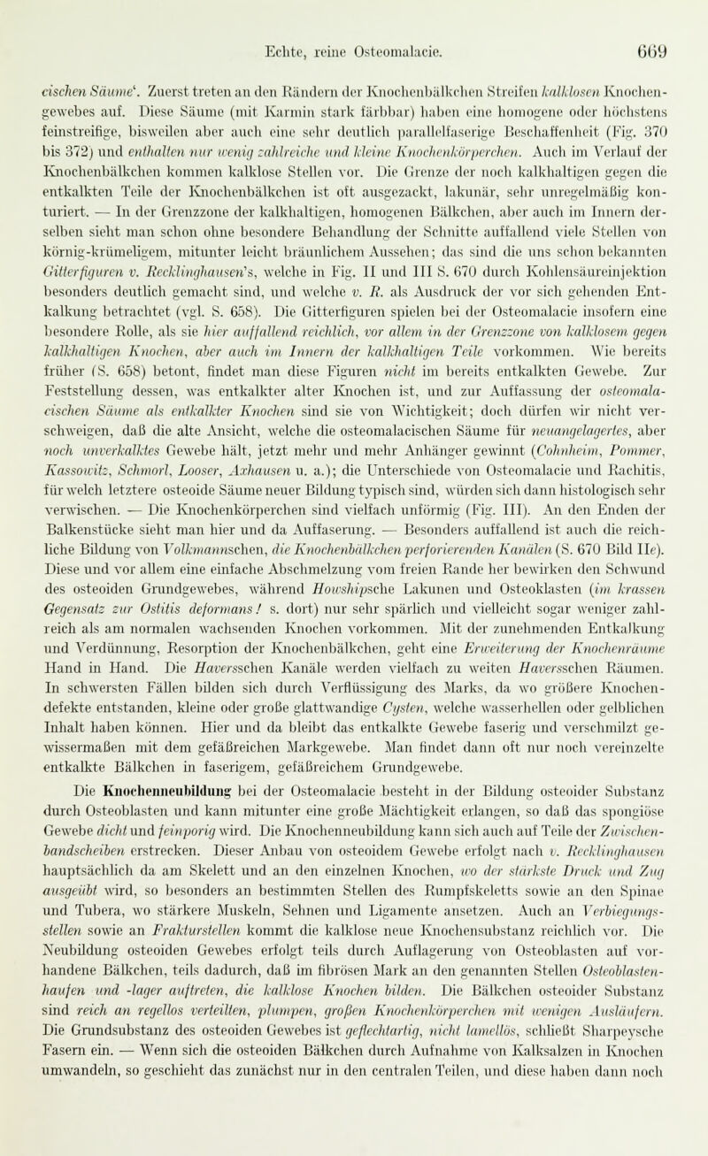 cischcn Säume'. Zuerst treten an den Rändern der Knocheiiljalkelieii Streifen kallduscn Knoclien- gewebes auf. Diese Säume (mit Karmin starlv färbbar) haben eine liomogene oder liiichstens feinstreifige, bisweilen aber auch eine sehr dcutlicli parallelfaserigo Beschaffenlieit (Fig. 370 bis 372) und enthalten nur wenig zahlreiche und kleine Knochcnkörperclien. Auch im Verlauf der Knochenbälkchen kommen kalklose Stellen vor. Die Grenze der noch kalkhaltigen gegen die entkalkten Teile der Ivnochenbälkchen ist oft ausgezackt, lakunär, sehr unregelmäßig kon- turiert. — In der Grenzzone der kalkhaltigen, homogenen Bälkchen, aljer auch im Innern der- selben sieht man schon oline besondere Behandlung der Schnitte auffallend viele Stellen von körnig-krümeligem, mitunter leicht bräunlichem Aussehen; das siird die uns schon bekannten Gilterfiguren v. ReckUnghausen''s, welche in Fig. II und III S. 670 durch Kohlensäureinjektion besonders deutlich gemacht sind, und welche v. R. als Ausdruck der vor sich gehenden Ent- kalkung betrachtet (vgl. S. 658). Die Gitterfiguren spielen Ijei der Osteomalacie insofern eine besondere RoUe, als sie hier aufjallend reichlich, vor allem in der Grenzzone von kalklosem gegen kalkhaltigen Knochen, aber auch im Innern der kalkhaltigen Teile vorkommen. Wie bereits früher CS. 658) betont, findet man diese Figuren )iicM im bereits entkalkten Gewebe. Zur Feststellung dessen, was entkalkter alter Ivnochen ist, und zur Auffassung der osteomala- cischen Saume als entkalkter Knochen sind sie von ^Yichtigkeit; doch dürfen wü' nicht ver- schweigen, daß die alte Ansicht, welche die osteomalacischen Säume für neuangelagertes, aber noch unverkalktes Gewebe hält, jetzt mehr und mehr Anhänger gewinnt {Cohnheim, Pommer, Kassowitz, Schmort, Looser, Axhausen u. a.); die Unterschiede von Osteomalacie und Rachitis, für welch letztere osteoide Säume neuer Bildung typisch sind, würden sich dann histologisch sehr verwischen. — Die Knochenkörperchen sind vielfach unförmig (Fig. III). An den Fanden dei- Balkenstücke sieht man hier und da Auffaserung. — Besonders auffallend ist auch die reicli- liche Bildung von Volkmannschen, die Knochenbälkchen perforierenden Kanälen (S. 670 Bild IIc). Diese und vor allem eine einfache Abschmelzung vom freien Rande her bewuken den Schwund des osteoiden Gnindgewebes, während Howshipsche Lakunen und Osteoklasten {im krassen Gegensatz zur Ostitis deformans ! s. dort) nur sehr spärlich und vielleicht sogar weniger zahl- reich als am normalen wachsenden Knochen vorkommen. Jlit der zunehmenden Entkalkung und Verdünnimg, Resorption der Knochenbälkchen, geht eine Erweiterung der Knoehenräume Hand in Hand. Die Haversschen Kanäle werden vielfach zu weiten Haversschen Räumen. In schwersten Fällen bUden sich durch Verflüssigung des Marks, da wo größere Knochen- defekte entstanden, kleine oder große glattwandige Cysten, welche wasserheUen oder gelblichen Inhalt haben können. Hier und da bleibt das entkalkte Gewebe faserig und verschmilzt ge- wissermaßen mit dem gefäßreichen Markgewebe. Man findet dann oft nur noch vereinzelte entkalkte Bälkchen in faserigem, gefäßreichem Gnindgewebe. Die Knocheniieubildung bei der Osteomalacie besteht in der Bildung osteoider Sul)stanz drrrch Osteoblasten und kann mitunter eine große Mächtigkeit erlangen, so daß das spongiöse Gewebe dicht und feinporig wird. Die Knochenneubildung kann sich auch auf Teile der Xu-ischen- handscheilen erstrecken. Dieser Anbau von osteoidem Gewebe erfolgt nach v. Recklinghausen hauptsächlich da am Skelett und an den einzelnen Ivnochen, wo der stärkste Dnwk und Zug ausgeübt wird, so besonders an bestünmten Stellen des Rumpfskeletts sowie an den Spinae und Tubera, wo stärkere Muskeln, Sehnen und Ligamente ansetzen. Auch an Verbicgungs- stellen sowie an Frakturstellen kommt die kalklose neue Knochensubstanz reichUch vor. Die Neubildung osteoiden Gewebes erfolgt teils durch Auflagerung von Osteoblasten auf vor- handene Bälkchen, teils dadurch, daß im fibrösen Mark an den genannten Stellen Osteoblasten- Jiaufen und -lager auftreten, die kalklose Knochen bilden. Die BäUcchen osteoider Substanz sind reich an regellos verteilten, plumpen, großen Knochenkörperchen mit wenigen Ausläufern. Die Gnindsubstanz des osteoiden Gewebes ist geflechtartig, nicht lamellös, schheßt Sharpeysche Fasern em. — Wenn sich die osteoiden Bälkchen durch Aufnahme von Kalksalzen in Knochen umwandeln, so geschieht das zunächst nur in den centralen Teilen, und diese haben dann noch