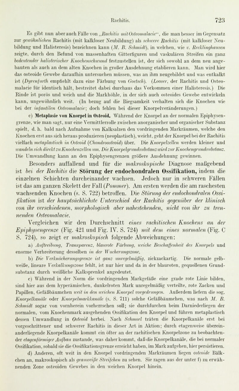 R;ichitis. 72H Es gibt nun aber auch Falle von,,7>nf7(iV/s niilOsteomulacie, die man besser im Gegensatz zur geivölmlichen Rachitis (mit kallvloser Neubildung) als schwere Rachüis (mit kalkloser Neu- bildung und Halisteresis) bezeichnen kann (.1/. D. Schmidl), in welclien, wie v. Reeldinghausen zeigte, durch den Befund von massenhaften Gitterfiguren und vaslailären Streifen ein ganz hedeutender halisferischer Knochenschwund festzustellen ist, der sich sowohl an dem neu ange- bauten als auch an dem alten Knochen in großer Ausdehnung etablieren kann. Man wii'd hier das osteoide Gewebe daraufhin untersuchen müssen, was an ihm neugebildet und was entkalkt ist (Dijrenjiiiih empfiehlt dazu eine Färbung von Goetscli). (Looser, der Rachitis und Osteo- malacie für identisch hält, bestreitet dabei durchaus das Vorkommen einer Halisteresis.) Die Rinde ist porös und weich und die Slarkhöhle, in der sich auch osteoides Gewebe entwickeln kann, nngewöhnUch weit. (In bezug auf die Biegsamkeit verhalten sich die Knochen wie bei der infantilen Osteomalade; doch fehlen bei dieser Knorpelveränderangen.) c) Metaplasie von Knorpel in Osteoid. Während der Knorpel an der normalen Epiphysen- grenze, wie man sagt, nur eine Vennittlenolle zwischen anorganischer und organischer Substanz spielt, d. h. bald nach Aufnahme von Kalksalzen den vordringenden ilarfaäuraen, welche den Knochen erst aus sicli heraus produzieren (neoplastiseh), weicht, geht der Knorpel bei der Rachitis vielfach metaplastisch in Osteoid {Chondroosteoid) über. Die Knorpekellen werden kleiner und wandeln sich direM zu Knochenzellen um. Die Knorpehjrundstibstaiiz wird zur Knochengrundsnbstanz. Die Umwandlung kann an den Epiphysengrenzen größere Ausdehnung gewinnen. Besonders auffallend und für die makroskopische Diagnose maßgebend ist lei der Rachitis die Störung der endochondralen Ossifikation, indem die einzelnen Schichten durcheinander wachsen. Jedoch luu- in schweren Fällen ist das am ganzen Skelett der Fall (Pommer). Am ersten werden die am raschesten wachsenden Knochen (s. S. 722) betroffen. Die Störung der endochondralen Ossi- fikation ist der hauptsächlichste Unterschied der Rachitis gegenüber der klinisch von ihr verschiedenen, morphologisch aber nahestehenden, nicht von ihr zu tren- nenden Osteomalacie. Vergleichen wir den Durchschnitt eines rachitischen Knochens an der Epiphijsengrenze (Fig. 421 und Fig. IV. S. 724) mit dem eines normalen (Fig. C S. 724), so zeigt er makroskopisch folgende Abweichungen: a) Auftreibjing, Transparenz, Mavrole Färbung, weiche Beschaffenheit des Knorpels und enorme Verbreitemng desselben in der Wucherungszone. b) Die Verknöcherungsgrenze ist ganz miregelmäßig, zickzackartig. Die normale gelb- weiße, hneare Verkalkungszone fehlt, ist nur hier und da in der blauroten, gequollenen Grund- substanz durch weißliche Kalksprenkel angedeutet. c) Während in der Norm die vordringenden Markgefäße eine grade rote Linie bilden, sind hier aus dem hyperämischen, dunkelroten Mark imregelmäßig verteilte, rote Zacken und Papillen, Gefäßbäumchen weit in den weichen Knorpel vorgedrungen. Außerdem Uefern die sog. Knorpelkanäle oder Knorpelmarkkanäle (s. S. 711) solche Gefäßbäumchen, was nach M. B. Schmidt sogar von vornherein vorherrschen soU; sie durchfurchen beim Darniederliegen der normalen, vom Knochenmark ausgehenden Ossifikation den Ivnorpel und führen metaplastisch dessen Umwandlung in Osteoid herbei. Nach Schmort träten die Knorpelkanäle erst l)ei vorgeschrittener und schwerer Rachitis in dieser kii in Aktion; durch etagenweise überein- anderliegende Knorpelkanäle kommt ein öfter an der rachitischen Knorpelzone zu beobachten- der etagenförmiger Aufbau zustande, was daherkommt, daß die Knorpelkanäle, die bei normaler Ossifikation, sobald sie die Ossifikationsgrenze erreicht haben, im Mark aufgehen, hier persistieren. d) Anderen, oft weit in den Knorpel vordringenden Marlnäumen liegen osteoide Bälk- chen an, makroskopisch als grauweiße Streifchen zu sehen. Sie ragen aus der unter f) zu erwäh- nenden Zone osteoiden Gewebes in den weichen Knorpel hinein.