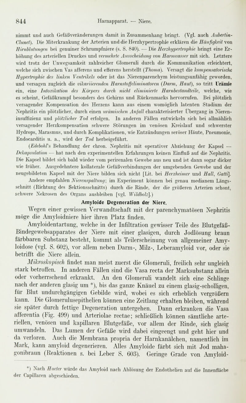 nimmt und auch Gefäß Veränderungen damit in Zusammenhang bringt. (Vgl. auch Auberim- Clunel). Die Miterkrankung der Arterien und die Herzhjqiertrophie erklären die Häiifigkeii von HirnUiituwjen bei genuiner Schrumpfniere (s. S. 840). — Die Herzhypertrophie bringt eine Er- höliung des arteriellen Druckes und vermehrte Ausscheidung von Harnieasser mit sich. Letztere wird trotz der Unwegsamkeit zahlreicher Glomerali durch die Konununikation erleichtert, welche sich zwischen Vas afferens und efferens herstellt (Thoma). Versagi die kompensatorische Hypertrophie des linken Ventrikels oder ist das Nierenparenchym leistungsunfäliig geworden, und versagen zugleich die vikariierenden Harnstoffeliminatoren {Darm, Haut), so tritt Urämie ein, eine Intoxikation des Körpers durch nicht eliminierte Harnbestandteile, welche, wie es scheint, Gefäßkrampf besonders des Geliirns und Rückenmarks hervorrufen. Bei plötzlich versagender Kompensation des Herzens kann aus einem womöghch latenten Stadium der Nephritis ein plötzlicher, durch einen urämischen Anfall charakterisierter tHjergang in Nieren- insufflzienz und plötzlicher Tod erfolgen. In anderen Fällen entwickeln sich bei aUmähhch versagender Herzkompensation schwere Störungen im venösen Ki'eislauf und schwerster Hydrops, Marasmus, und durch Komplikationen, wie Entzündungen seröser Häute, Pneumonie, Endocarditis u. a., wird der Tod herbeigeführt.. {EdebohVs, Behandlung der chron. Nephritis mit operativer Abziehung der Kapsel — Dekapsulation — hat nach den exi^erimentellen Erfahrungen keinen Einfluß auf die Nepluitis. Die Kapsel bildet sicli bald wieder vom perirenalen Gewebe aus neu und ist dann sogar dicker wie früher. Ausgedehntere kollaterale Gefäßverljindungen der umgebenden Gewebe und der neugebildeten Kapsel mit der Niere bUden sich nicht [Lit. bei Herxheimer und Hall, Gatti]. Andere empfahlen Nierenspaltung; im Expeiiment können bei genau medianem Längs- schnitt (Richtung des Sektionsschnitts) durch che Rinde, der die größeren Arterien schont, schwere Nekrosen des Organs ausbleiben [vgl. Wildboh].) Amyloide Degeneration der Niere. Wegen einer gewissen Verwandtschaft mit der parenchymatösen Nephritis möge die Amjioidniere hier iliren Platz finden. Amyloidentartnng, welche in der Infiltration gewisser Teile des Blutgefäß- Bindegewebsapparatcs der Niere mit einer glasigen, durch Jodlösung braun färbbaren Substanz besteht, kommt als Teilerscheinung von allgemeiner Amy- loidose (vgl. S. 602), vor allem neben Dann-, Milz-, Leberamyloid vor, oder sie betrifft die Niere allein. Mikroskopisch findet man meist zuerst die Glomeruli, freilich sein- ungleich stark betroffen. In anderen Fällen sind die Vasa recta der Marksubstanz allein oder vorherrschend erlaankt. An den Glomeruli wandelt sich eine SchUnge nach der anderen glasig um *j, bis das ganze Knäuel zu einem glasig-scholligen, für Blut undurchgängigen Gebilde wii'd, wobei es sich erheblich vergrößern kann. Die Glomerulusepithelien können eine Zeitlang erhalten bleiben, während sie später diu-ch fettige Degeneration untergehen. Dann erkranken die Vasa afferentia (Fig. 499) und Arteriolae rectae; schließlich können sämtliche arte- riellen, venösen und kapillaren Blutgefäße, vor allem der Rinde, sich glasig umwandeln. Das Lumen der Gefäße wd dabei eingeengt und geht hier und da verloren. Auch die Membrana propria der Harnkanälchen, namentlich im Mark, kann amyloid degenerieren. Alles Amyloide färbt sich mit Jod maha- gonibraun (Reaktionen s. bei Leber S. 603).' Geringe Grade von Amyloid- *) Nach Hueter würde das Amyloid nach Ablösung der EndotheUen auf die Innenfläche der CapUlaren abgeschieden.