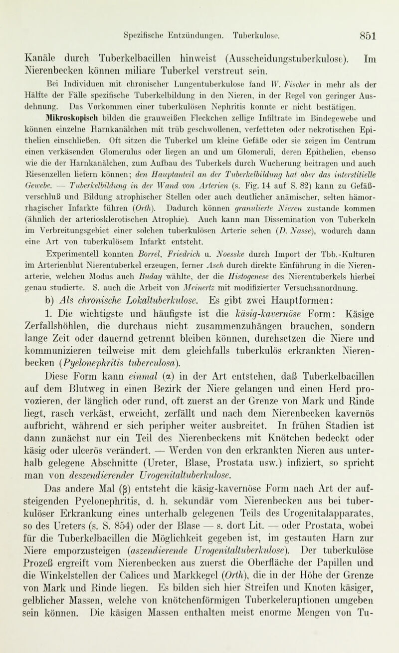 Kanäle durch Tuberkelbacillen hinweist (Aiisscheidungstuberkulosf;). Im Kierenbeclien Icönnen miliare Tuberkel verstreut sein. Bei Individuen mit chronischer Lungentuberkulose fand ()'. Fischer in mehr als der Hälfte der Fälle spezifische Tuberkelbildung in den Nieren, in der Regel von geringer Aus- dehnung, Das Vorkommen einer tuberkulösen Ne])hritis konnte er nicht bestätigen. Blikroskopiscli bilden die grauweißen Fleckchen zelligo Infiltrate im Bindegewebe imd können einzelne Harnkanälehen mit trüb geschwollenen, verfetteten oder nekrotischen Epi- thelien einschließen. Oft sitzen die Tuberkel um kleine Gefäße oder sie zeigen im Centrum einen verkäsenden Glomenilus oder liegen an und um Glomeruh, deren Epithelien, ebenso wie die der Harnkanälchen, zum Aufbau des Tuberkels durch Wucherung beitragen und auch Riesenzellen liefern können; den Hauptanteil an der Tuberkeliildimg hat aber das interstitielle Gewebe. — Taberkelbildumj in der Wand von Arterien (s. Fig. 14 auf S. 82) kann zu Gefäß- verschluß und BUdung atrophischer Stellen oder auch deutlicher anämischer, selten hämor- rhagischer Infarkte führen (Orth). Dadurch können gramilierte Nieren zustande kommen (ähnlicli der arteriosklerotischen Atrophie). Auch kann man Dissemination von Tuberkeln im Verbreitungsgebiet einer solchen tuberkulösen Arterie sehen (D. Nasse), wodurch dann eine Art von tuberkulösem Infarkt entsteht. Experimentell konnten Barrel, Friedrich u. Noesske durch Import der Tbb.-Kultmen im Arterienblut Nierentuberkel erzeugen, ferner Asch durch direkte Eüifühi-ung in die Xieren- arterie, welchen Modus auch Buday wählte, der die Histogenese des Nierentuberkels hierbei genau studierte. S. auch die Arbeit von Meinertz mit modifizierter Versuchsanordnung. b) Als chronische LoMlhtberhihse. Es gibt zwei Hauptformen: 1. Die wichtigste und häufigste ist die käsig-kavernöse Form: Käsige Zerfallshöhlen, die durchaus nicht zusammenzuhängen brauchen, sondern lange Zeit oder dauernd getreimt bleiben können, durchsetzen die Niere und kommunizieren teilweise mit dem gleichfalls tuberkulös erla'ankten Nieren- becken (Pyelonephritis tuierculosa). Diese Form kann einmal (a) in der Art entstehen, daß Tuberkelbacillen auf dem Blutweg in einen Bezu'k der Niere gelangen und einen Herd pro- vozieren, der länglich oder rund, oft zuerst an der Grenze von Mark und Rinde liegt, rasch verkäst, erweicht, zerfällt und nach dem Nierenbecken kavernös aufbricht, während er sich peripher weiter ausbreitet. In frühen Stadien ist dann zunächst nur ein Teil des Nierenbeckens mit Knötchen bedeckt oder käsig oder ulcerös verändert. — AVerden von den erkrankten Nieren aus unter- halb gelegene Abschnitte (Ureter, Blase, Prostata usw.) infiziert, so spricht man von deszendierender ürocjenüaltuberkulose. Das andere Mal (ß) entsteht die käsig-kavernöse Form nach Art der auf- steigenden Pyelonephritis, d. h. sekundär vom Nierenbecken aus bei tuber- kulöser Erkrankung eines unterhalb gelegenen Teils des Urogenitalapi)arates, so des Ureters (s. S. 854) oder der Blase — s. dort Lit. — oder Prostata, wobei für die Tuberkelbacillen die Möglichkeit gegeben ist, im gestauten Harn zur Niere emporzusteigen (aszendierende ürogenitaUuberkulose). Der tuberkulöse Prozeß ergreift vom Nierenbecken aus zuerst die Oberfläche der Papillen und die Winkelstellen der Calices und Markkegel (Orth), die in der Höhe der Grenze von Mark und Rinde liegen. Es bilden sich hier Streifen und Knoten käsiger, gelbücher Massen, welche von knötchenförmigen Tuberkeleruptionen tnngeben sein können. Die käsigen Massen enthalten meist enorme Mengen von Tu-