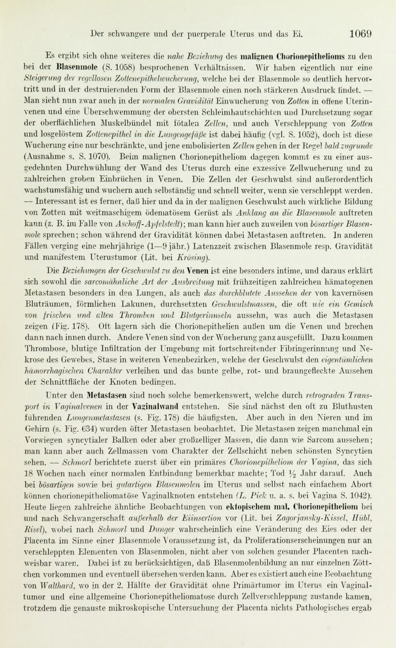 Es ergibt sich ohne weiteres die tiahe BcdeliWKj des mali!i:iion t'lioriüiiopitlielionis zu den bei der Bhisoinnolo (S. 1058) besprorlienon Verhältnissen. Wir haben eit'entlicli nur eine Steigenoig ehr rqidlosen Zollcnepilhehnielicnnig, welclio bei der ];Uasenmole so deutlicli liervor- tritt und in der destniierenden Form der Bhisenniole einen nocli stärkeren Aiisdruci; lindet. — Man sielit nun zwar auch in der normalen Gravidität Euiwuchei-ung von Zotten in oiSene Uterin- venen und eine Überschwemmung der obersten Schleiniliautschiclitcn und Durchsetzung sogar der oberflächlichen Muslcelbündel mit fötalen Zellen, imd auch Verschleppung von Zotten und losgelöstem Zritiencpithet in die Liingengeläße ist dabei häutig (vgl. S. 1052), doch ist diese Wuchenmg eine nirr beschränkte, und jene embolisierten Zellen gehen in der Regel hatd zugrunde (Ausnahme s. S. 1070). Beim malignen Chorionepitheliom dagegen konunt es zu einer aus- gedehnten Diuchwühluiig der Wand des Uterus durch eine exzessive Zellwuchenmg und zu zahlreichen gioben Einbrüchen in Venen. Die Zellen der Geschwulst sind außerordentlich wachstumsfähig und wuchern auch selbständig und schnell weiter, wenn sie verschleppt werden. — Interessant ist es ferner, dalJ hier und da in der malignen Gescliwulst auch wirkliche Bildung von Zotten mit weitmaschigem ödematösem Gerüst als Änllang an die Blasenmole auftreten kann (z. B. im Falle von Äselwfj-Apfelstedt); man kann hier auch zuweilen von hösartiger Blasen- mole sprechen; schon während der Gravidität können dabei Metastasen auftreten. In anderen Fällen verging eine melirjährige (1—9 jähr.) Latenzzeit zwischen Blasenmole resp. Gravidität und maiufestem Uterustumor (Lit. bei Krosing). Die Beziehungen der Geschwulst ~u den Venen ist eine besonders intime, und daraus erklärt sich sowohl die sarcomähnliche Art der Ausbreitung mit frühzeitigen zahlreichen hämatogenen Metastasen besonders in den Lungen, als auch das durchhlutete Aussehen der von kavernösen Bluträiunen, förmlichen Lakunen, durchsetzten Gesehwulstmassen, die oft wie ein Gemisch von frischen und alten Thronihtn und Blutgerinnseln aussehn, was auch die Metastasen zeigen CFig. 178). Oft lagern sich die Chorionepithelien außen um die Venen und brechen dann nach innen durch. Andere Venen sind von der Wucherung ganz ausgefüllt. Dazu kommen Thrombose, blutige Infiltration der L'mgebung mit fortschreitender Fibringerinn;mg und Ne- krose des Gewebes, Stase in weiteren Venenbezirken, welche der Geschwulst den eigentiimlichen hämorrhagischen Charalder verleihen und das bunte gelbe, rot- und braungefleckte Aussehen der Schiüttfläche der Knoten bedingen. Unter den Metastasen sind noch solche bemerkenswert, welche durch retrograden Trans- port in Vaginalrenen in der Vaginahvaml entstehen. Sie sind nächst den oft zu Bluthusten führenden Lungenmetastasen (s. Fig. 178) die häufigsten. Aber auch in den Nieren und im Gehirn (s. Fig. 634) wurden öfter Metastasen beobachtet. Die Metastasen zeigen manchmal ein Vorwiegen syncytialer Ballten oder aber gioßzelbger Massen, die dann wie Sarcom aussehen; man kann aber auch Zellmassen vom Charakter der Zellschicht neben schönsten Syncytien sehen. — Schmort berichtete zuerst über ein primäres Chorionepitheliom der Vagina, das sich 18 Wochen nach einer normalen Entbindung bemerkbar machte; Tod Y> Jahr darauf. Auch bei bösartigen sowie bei guiartigen Blasenmolen im Uterus und selbst nach einfachem Abort können chorionepitheüomatöse Vaginalknoten entstehen (L. Pick u. a. s. bei Vagina S. 1042). Heute liegen zahlreiche ähnliche Beobachtungen von ektopischem mal. Cliorionepitlielium bei und nach Schwangerschaft außerhalb der Eiinser'ion vor (Lit. bei Zagorjansky-Kisscl, Hiihl, Bisel), wobei nach Schmort und Dunger wahrschetnbch eine Veränderung des Eies oder der Placenta im Sinne einer Blasenniole ^'ol■aussetzung ist, da Proliferationserscheinungen nur an verschleppten FJementen von Blasenmolen, nicht aber \'on solchen gesunder Placenten nach- weisbar waren. Dabei ist zu berücksichtigen, daß Blusenmolenbildung an n>ir einzelnen Zött- chen vorkommen und eventuell übersehen werden kann. Aber es existiert auch eine Beobachtung von Walthard, wo in der 2. Hallte der Gravidität olme Primäitumor im Uterus ein Vaginal- tumor imd eine allgemeine Chorionepitheliomatose durch Zellverscldeppung zustande kamen, trotzdem die genauste mikroskopische Untersuchimg der Placenta nichts Pathologisches ergab