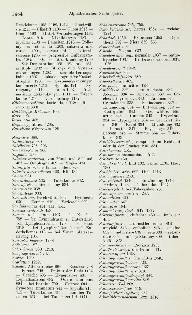 Erweichung 1195, 1198, 1212 — Geschwül- ste 1215 — GUastift 1193 — Gliom 1215 — Gliose 1193 — Histol. Veränderungen 1194 — Lepra 1215 — MißbUdungen 1187 — MyeUtis 1198 — Parasiten 1216 — PoHo- myehtis ant. acuta 1203, subacuta und chron. 1204, amyotrophische Lateral- sklerose 1205 — progressive Bulbärpara- lyse 1205 — Querschnittserkrankung 1200 — Sek. Degeneration 1195— Sklerose 1195, multiple 1202 — Strang- und System- erkrankungen 1202 — sensible Leitungs- bahnen 1207 — spinale, progressive Muskel- atrophie 1206 — Svstemerkrankungen kombinierte 1210 — Syplülis 1215 — Sy- ringomyeUe 1192 — Tabes 1207 — Trau- matisclie Erkrankungen 1211 — Tuber- kulose 1214 — Verdop])elung 1187. Rückenmarkshäuie, harte Haut 1180 u. ff. — zarte 1183 ff. Rückläufige Metastase 106. Ruhr 495. Ruminatio 458. Rupia syphilitica 1285. Russeische Körperchen 189. Sackniere 868. Sactosalpinx 980. Scibelheine 728, 793. Siingerknötchen 206. Sagomih 150. Saizsäureverätzuny, von Mmid und Schlund 403 — Ösophagus 409 — Jlagen 434. Salpingitis 978, isthmica nodosa 978. Salpetersäurevercitzung 403, 4(J9, 434. Samen 934. Sameribläschen 932 — Tuberkulose 932. Samenflecke, Untersuchung 934. Samenleiter 932. Samensteine 933. Samenstrang, Geschwülste 932 — Hydrocele 930 — Torsion 910 — Varicocele 932. Sanduhrmagen 424, 441, 451. Sarcina ventriculi 468. Sarcom, s. bei Dura 1107 — bei Knochen 752 — bei Lj-mphdrüsen s. LTnterschied von Lymphosarcomen 175 — bei Haut 1318 — bei Lymphgefäßen (speziell En- dotheliome) 113 — bei Venen, Metasta- sierung 105. Sarcoptes hominis 1298. Sattelnase 187. Saturnismus 530, 1219. Säuglingsskorhut 732. Scabies 1298. Scarlatina 1262. Scheidet, Altersatrophie 664 — Exostose 748 — Formen 742 — Fraktur der Basis 1134 — Gewicht 696 — Hyperostose 694 — Kephalhämatom 682 — Ostitis deformans 694 — bei Rachitis 729 — Sklerose 694 — Synostose, prämature 741 — SyphUis 713, 716 — Tuberkulose 707 — Usur bei Tu- moren 757 — bei Tumor cerebri 1171. Schalensarcome 746, 755. Schankergeschum, hartes 1284 — weiches 1274. Scharlach 1252 — Exanthem 1252 — Diph- therie 392 — Niere 832, 833. Schaumleber 566. Scheide s. Vagina 1037. Scheidensekret sog., normales 1037 — patho- logisches 1037 — Bakterien desselben 1037, 1072. Scheidenvorfall 1042. Scheinzwitter 905. Schenkelhalsfraktur 680. Schenkelhernie 469. Schiefhals, muskulärer 1233. Schilddrüse 332 — accessorische 334 — Adenom 336 — Anatomie 332 — Ca- che.xia thyreopriva 342 — Carcinom 344 — Cystadenom 338 — Echinococcus 347 — Entzündung 334 — Entwicklung 332 — E.xstirpation 342 — Geschwülste, bös- artige 343 — Gumma 343 — Hyperämie 334 — Hyperplasie 334 — bei I\jetinis- mus 340 — Kropf 334 — Mißbildung 332 — Parasiten 347 — Physiologie 342 — Sarcom 345 — Struma 334 — Tuber- kulose 343. Schilddrüsengexvebe, versprengt im Kehlkopf oder in der Trachea 206, 334. Schinkenmilz 151. Schistosoma haematobium 547. Schizogonie 130. Schlafkrankheit, Blut 132, Gehnn 1135, Haut 1300. Schläfenieincaries 692, 1102, 1113. Schlangenbisse 1268. Schleimheutel 1246 — Entzündimg 1246 — Hydrops 1246 — Tuberkulose 1247. Schlottergelenk bei Tuberiiulose 785. Schluckpneumonie 262, 267. Schlundring 400. Schnürleber 567. Schnupfen 184. Schornsteinfegerkrebs 947, 1327. Schrumpfmagen, einfacher 430 — krebsiger 451. Schrumpfniere, arteriosklerotische 816 — amyloide 846 — embolische 813 — genuine 838 — indurative 838 — rote 838 — sekun- däre 835 — infolge Stauung 809 — tuber- kulöse 853. Schuppenflechte = Psoriasis 1263. Schußverletzungen des Gehirns 1176. Schutzimpfung 1263. Schwangerschaft s. Gra\-iditas 1048. Schwangerschaftsdauer 720. Schwangerschaftsnarben 1331. Schwangerschaftsniere 810. Seh wangerschaftsosteophyt 683. Schwangerschaftspyelitis 848. Schwarzer Tod 262. Schwarzwasserfieber 119. Sehwefelsüurevergiftung 434. Schweißdrüsenadenom 1322, 1318.