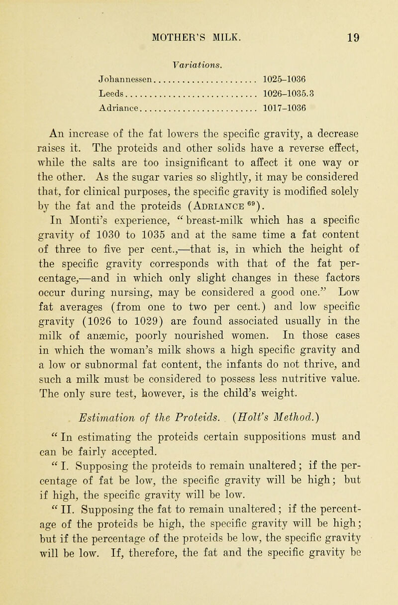 Variations. Johannessen 1025-1036 Leeds 1026-1035.3 Adriance 1017-1036 An increase of the fat lowers the specific gravity, a decrease raises it. Tlie proteids and other solids have a reverse effect, while the salts are too insignificant to affect it one vay or the other. As the sugar varies so slightly, it may be considered that, for clinical purposes, the specific gravity is modified solely by the fat and the proteids (Adeiance''°). In Monti's experience,  breast-milk which has a specific gravity of 1030 to 1035 and at the same time a fat content of three to five per cent.,—that is, in which the height of the specific gravity corresponds with that of the fat per- centage,—and in which only slight changes in these factors occur during nursing, may be considered a good one. Low fat averages (from one to two per cent.) and low specific gravity (1026 to 1029) are found associated usually in the milk of ansemic, poorly nourished women. In those cases in which the woman's milk shows a high specific gravity and a low or subnormal fat content, the infants do not thrive, and such a milk must be considered to possess less nutritive value. The only sure test, however, is the child's weight. Estimation of the Proteids. (Holt's Method.)  In estimating the proteids certain suppositions must and can be fairly accepted.  I. Supposing the proteids to remain unaltered; if the per- centage of fat be low, the specific gravity will be high; but if high, the specific gravity will be low.  II. Supposing the fat to remain unaltered; if the percent- age of the proteids be high, the specific gravity will be high; but if the percentage of the proteids be low, the specific gravity will be low. If, therefore, the fat and the specific gravity be