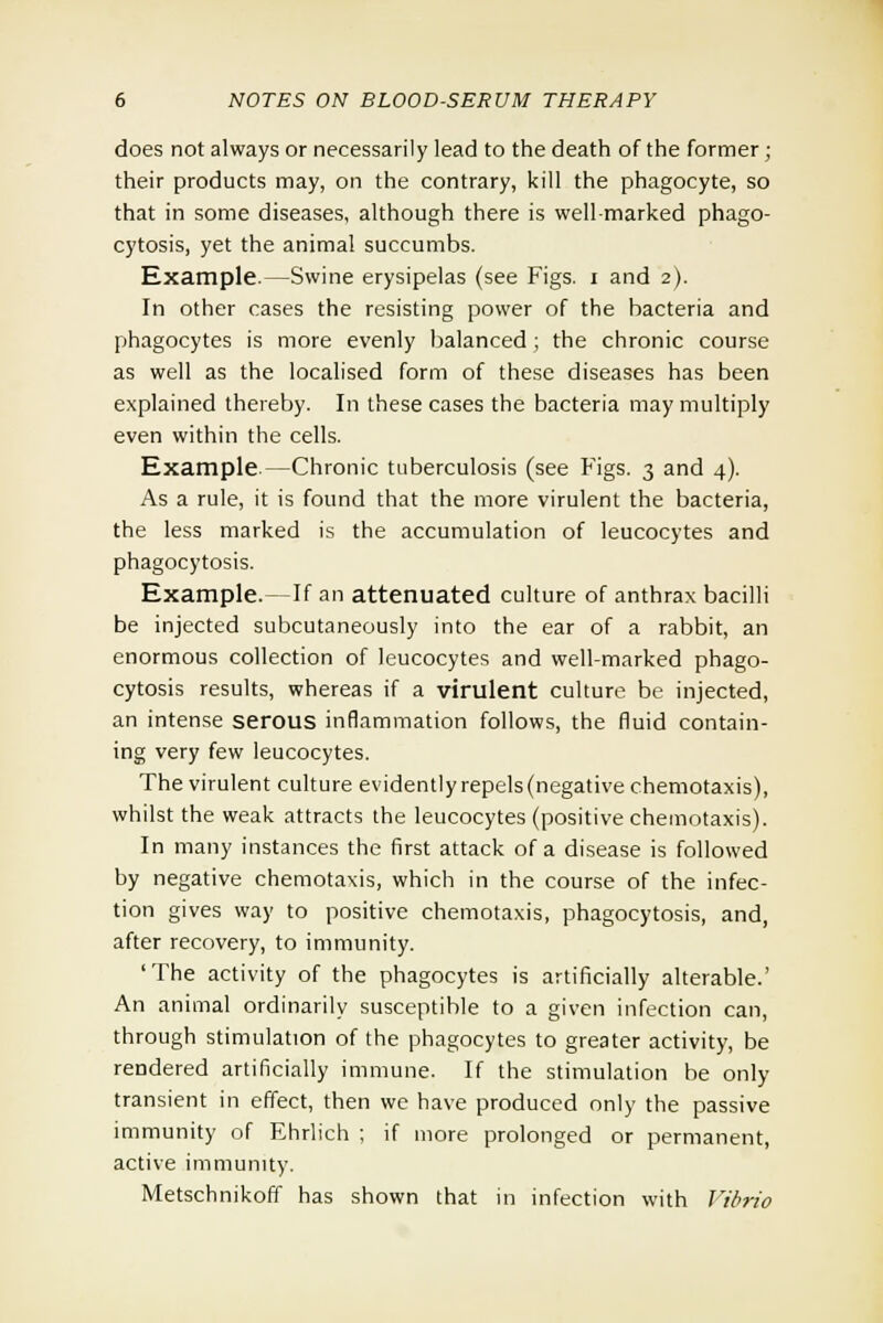 does not always or necessarily lead to the death of the former ; their products may, on the contrary, kill the phagocyte, so that in some diseases, although there is well-marked phago- cytosis, yet the animal succumbs. Example.—Swine erysipelas (see Figs, i and 2). In other cases the resisting power of the bacteria and phagocytes is more evenly balanced; the chronic course as well as the localised form of these diseases has been explained thereby. In these cases the bacteria may multiply even within the cells. Example.—Chronic tuberculosis (see Figs. 3 and 4). As a rule, it is found that the more virulent the bacteria, the less marked is the accumulation of leucocytes and phagocytosis. Example.—If an attenuated culture of anthrax bacilli be injected subcutaneously into the ear of a rabbit, an enormous collection of leucocytes and well-marked phago- cytosis results, whereas if a virulent culture be injected, an intense serous inflammation follows, the fluid contain- ing very few leucocytes. The virulent culture evidently repels (negative chemotaxis), whilst the weak attracts the leucocytes (positive chemotaxis). In many instances the first attack of a disease is followed by negative chemotaxis, which in the course of the infec- tion gives way to positive chemotaxis, phagocytosis, and, after recovery, to immunity. 'The activity of the phagocytes is artificially alterable.' An animal ordinarily susceptible to a given infection can, through stimulation of the phagocytes to greater activity, be rendered artificially immune. If the stimulation be only transient in effect, then we have produced only the passive immunity of Ehrlich ; if more prolonged or permanent, active immunity. Metschnikoff has shown that in infection with Vibrio