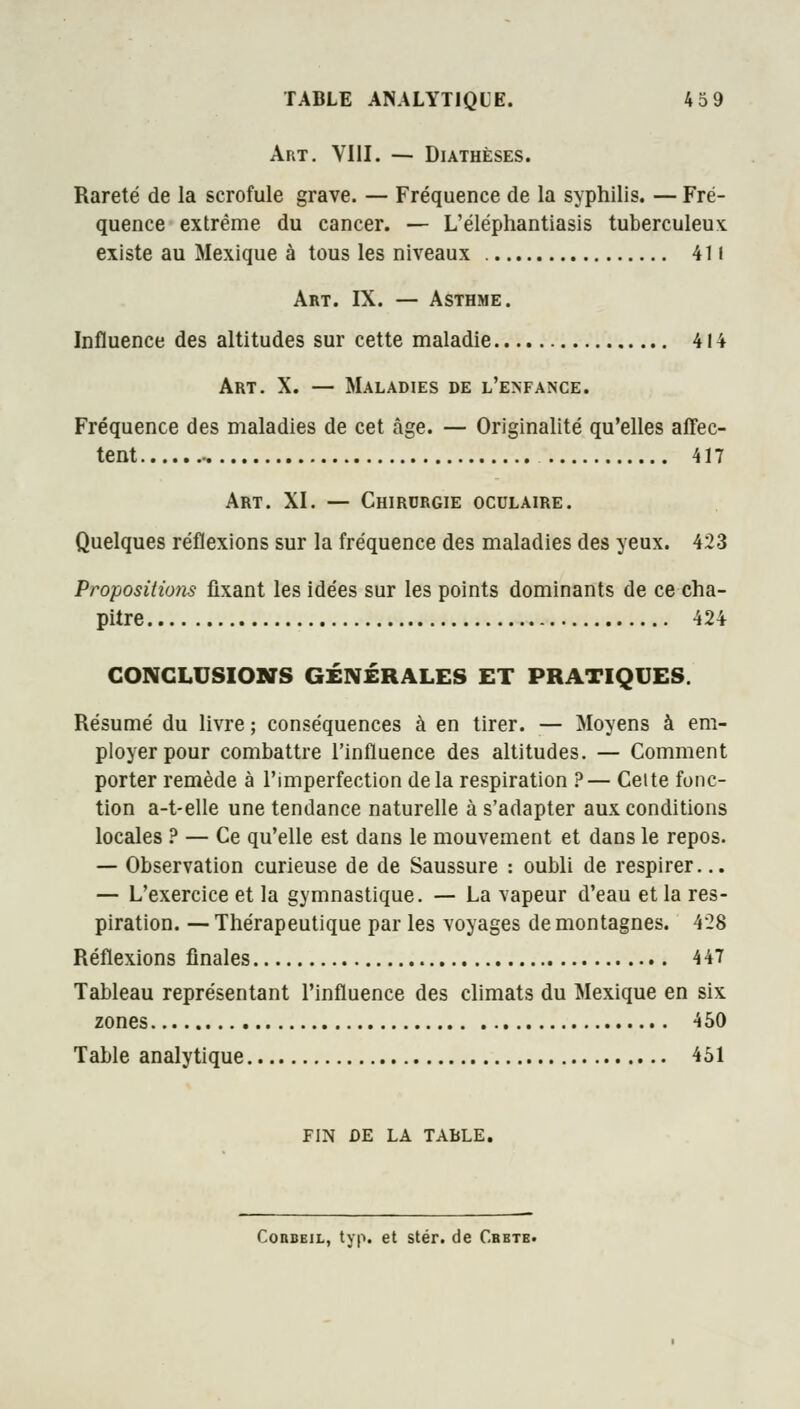 Art. VIII. — Diathèses. Rareté de la scrofule grave. — Fréquence de la syphilis. — Fré- quence extrême du cancer. — L'éléphantiasis tuberculeux existe au Mexique à tous les niveaux 411 Art. IX. — Asthme. Influence des altitudes sur cette maladie 414 Art. X. — Maladies de l'enfance. Fréquence des maladies de cet âge. — Originalité qu'elles affec- tent 417 Art. XI. — Chirurgie oculaire. Quelques réflexions sur la fréquence des maladies des yeux. 423 Propositions fixant les idées sur les points dominants de ce cha- pitre 424 CONCLUSIONS GÉNÉRALES ET PRATIQUES. Résumé du livre ; conséquences à en tirer. — Moyens à em- ployer pour combattre l'influence des altitudes. — Comment porter remède à l'imperfection delà respiration ?— Cette fonc- tion a-t-elle une tendance naturelle à s'adapter aux conditions locales ? — Ce qu'elle est dans le mouvement et dans le repos. — Observation curieuse de de Saussure : oubli de respirer... — L'exercice et la gymnastique. — La vapeur d'eau et la res- piration. — Thérapeutique par les voyages de montagnes. 428 Réflexions finales 447 Tableau représentant l'influence des climats du Mexique en six zones 450 Table analytique 451 FIN DE LA TABLE. Corbeil, typ. et stér. de Cbbtb.