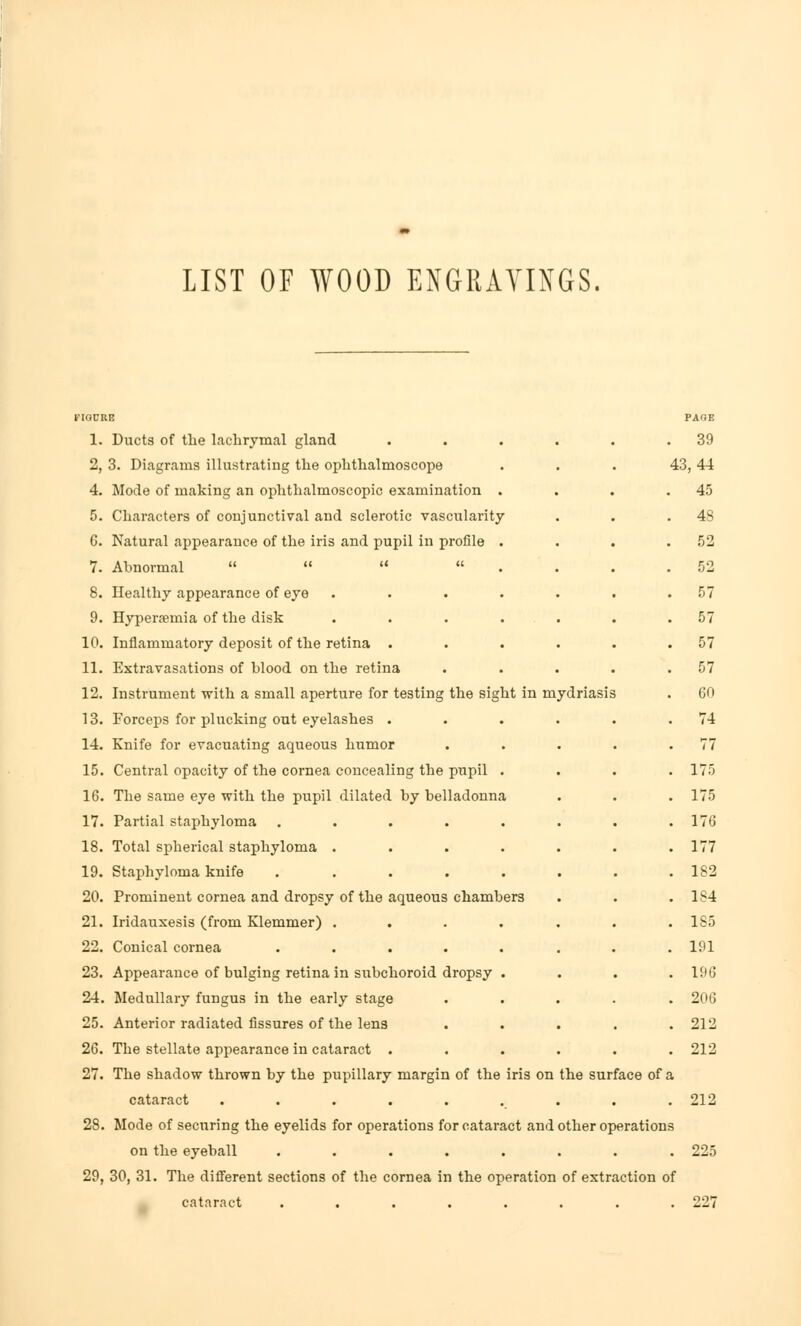 LIST OF WOOD ENGRAVINGS. 1. Ducts of the lachrymal gland . . . . . .39 2, 3. Diagrams illustrating the ophthalmoscope . . . 43, 44 4. Mode of making an ophthalmoscopic examination . . . .45 5. Characters of conjunctival and sclerotic vascularity . . .48 6. Natural appearance of the iris and pupil in profile . . . .52 7. Abnormal  «   52 8. Healthy appearance of eye . . . . . . .57 9. Hyperemia of the disk . . . . . . .57 10. Inflammatory deposit of the retina . . . . . .57 11. Extravasations of blood on the retina . . . . .57 12. Instrument with a small aperture for testing the sight in mydriasis . GO 13. Forceps for plucking out eyelashes . . . . . .74 14. Knife for evacuating aqueous humor . . . . .77 15. Central opacity of the cornea concealing the pupil .... 175 16. The same eye with the pupil dilated by belladonna . . . 175 17. Partial staphyloma . . . . . . . .176 18. Total spherical staphyloma . . . . . . .177 19. Staphyloma knife . . . . . . . .182 20. Prominent cornea and dropsy of the aqueous chambers . . .184 21. Iridauxesis (from Klemmer) ....... 185 22. Conical cornea ........ 191 23. Appearance of bulging retina in subchoroid dropsy .... 196 24. Medullary fungus in the early stage ..... 206 25. Anterior radiated fissures of the lens . . . . .212 26. The stellate appearance in cataract ...... 212 27. The shadow thrown by the pupillary margin of the iris on the surface of a cataract . . . . . . . . .212 28. Mode of securing the eyelids for operations for cataract and other operations on the eyeball ........ 225 29. 30, 31. The different sections of the cornea in the operation of extraction of cataract ........ 227