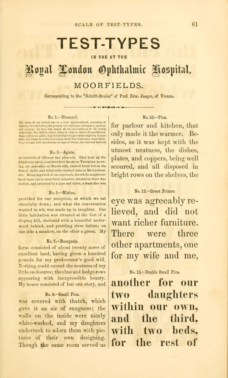 TEST-TYPES IN USE AT THE MOORFIELDS. Corresponding to the  Schrift-Scalen of Prof. Edw. Jaeger, of Vienna. No, 1,—Diamond. The pluct of our retreat was lit n little uei.:li'nmrhoo.i, consisting of Pacmeri, who tilled tlieii uwu grounds, ami w.ro e^uiil strangers to opulence ■ad poverty. Am thej hsd elmoet nil the * nveniencea of life within thetnacWea, they seldom visited towns or cities In search of superfluities. Etomote from tl„- polite, the* still retained the primaeval simplicity of man- ners ; au.l frugal by habit, they scarce knew that temperance was a virtue. I aght with oheerhllaau on ilujs of labour; but observed festivals No. 3.—Agate. as intervals of idleness ami pleasure. They kept up the Christinas carol, sent true-love knots on Valentine morn- ing, eat pancakes on Shrove-tide, showed their wit on the first of April, and religiously cracked nuts on Michaelmas- eve. Being apprized of our approach, the whole neighbour- hood came out to meet their minister, dressed in their fine clothes, aud preceded by a pipe and tabor; a feast also was No. 5.—Minion, provided for our reception, at which we sat cheerfully down; and what the conversation wanted in wit, was made up in laughter. Our little habitation was situated at the foot of a sloping hill, sheltered with a beautiful under- wood behind, and prattling river before; on one side a meadow, on the other a green. My No. 7.-1 farm consisted of about twenty acres of excellent land, having given a hundred pounds for my predecessor's good will. Nothing could exceed the neatness of my little enclosures; the elms and hedge-rows appearing with inexpressible beauty. My house consisted of but one story, and No. 9.—Small Pica, was covered with thatch, which crave it an air of snugness; the walls on the inside were nicely white-washed, and my daughters undertook to adorn them with pic- tures of their own designing. Though the same room served us No. 10-Pica. for parlour and kitchen, that only made it the warmer. Be- sides, as it was kept with the utmost neatness, the dishes, plates, and coppers, being well scoured, and all disposed in bright rows on the shelves, the No. 12.—Great Primer. eye was agreeably re- lieved, and did not want richer furniture. There were three other apartments, one for my wife and me, No. 13—Double Small Pica. another for our two daughters within our own, and the third, with two heds, for the rest of