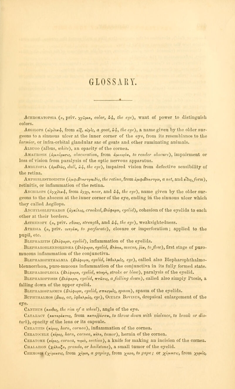 GLOSSARY. Achromatopsia (a, priv. xpZy-a, color, SiJ,, the eye), want of power to distinguish colors. Aec.ilops (atyiXuJ,, from oi|, oi^of, a goat, Xi-\,, the eye), a name given by the older sur- geons to a sinuous ulcer at the inner corner of the eye, from its resemblance to the larmier, or infra-orbital glandular sac of goats and other ruminating animals. Albugo (albus, white), an opacity of the cornea. Amaurosis {a.i*av(t»o-i<;, obscuration, from ay.avpi<a, to render obscure), impairment or loss of vision from paralysis of the optic nervous apparatus. Amblyopia (&fx8*b<;, dull, a>^, the eye), impaired vision from defective sensibility of the retina. Ampitiulkstroiditis (a,u<j>i5>li0-T/>3£iy'i?, the retina, from ay.$i8xvrTpov, a net, and e7$oi;,form), retinitis, or inflammation of the retina. Ancuilops (ayftXwJ., from ayxj., near, and a>\, the eye), name given by the older sur- geons to the abscess at the inner corner of the eye, ending in the sinuous ulcer which they called Aegilops. Axciiyloblepiiaron (a^xJxof, crooked, Bxfyapov, eyelid), cohesion of the eyelids to each other at their borders. Astuexopy (a, priv. c-divo;, strength, and a>J,, the eye), weaksightedness. Atresia (a, priv. Tirpax, to perforate), closure or imperforation; applied to the pupil, etc. Blepharitis (/3x£<j>apov, eyelid), inflammation of the eyelids. Blepiiaroblexnorriicea (Sxs-^apov, eyelid, Bxsvvtt, inucus, pia>, to flow), first stage of puro- mucous inflammation of the conjunctiva. Blepharophthalmia (8\i$*t°v, eyelid, ooSaXjuj?, eye), called also Blepharophthalmo- blennorrhcea, puro-mucous inflammation of the conjunctiva in its fully formed state. Blepharoplegia (Sxs^apov, eyelid, TrXnyh, stroke or blow), paralysis of the eyelid. Blepharoptosis ($\e<papov, eyelid, irrS>?it;, a falling down), called also simply Ptosis, a falling down of the upper eyelid. Blepharospasms (Bxzfxpcv, eyelid, a-'mta-fxl^, spasm), spasm of the eyelids. Buphthalmos (#ok?, ox, o<pQa\{A.h;, eye), Oculus Bovixus, dropsical enlargement of the eye. Caxthts (xavfloj, the rim of a wheel), angle of the eye. Cataract (xaTapax-rnc, from x.a.ra.ppi.s-a-01, to throw down with violence, to break or dis- turb), opacity of the lens or its capsule. Ceratitis (xspaj, horn, cornea), inflammation of the cornea. Ceratocele (xE(>aj, horn, cornea, xnXn, tumor), hernia of the cornea. Ceratome (xipaf, cornea, -ro^i), section), a knife for making an incision of the cornea. Chalazion (^aXiJa, grando, or hailstone), a small tumor of the eyelid. Chemosis (^r.fxxs-n;, from %}■¥■*, a gapiny, from ^a;vo, to gape; or xv[j,vm, from -xyfxl^,