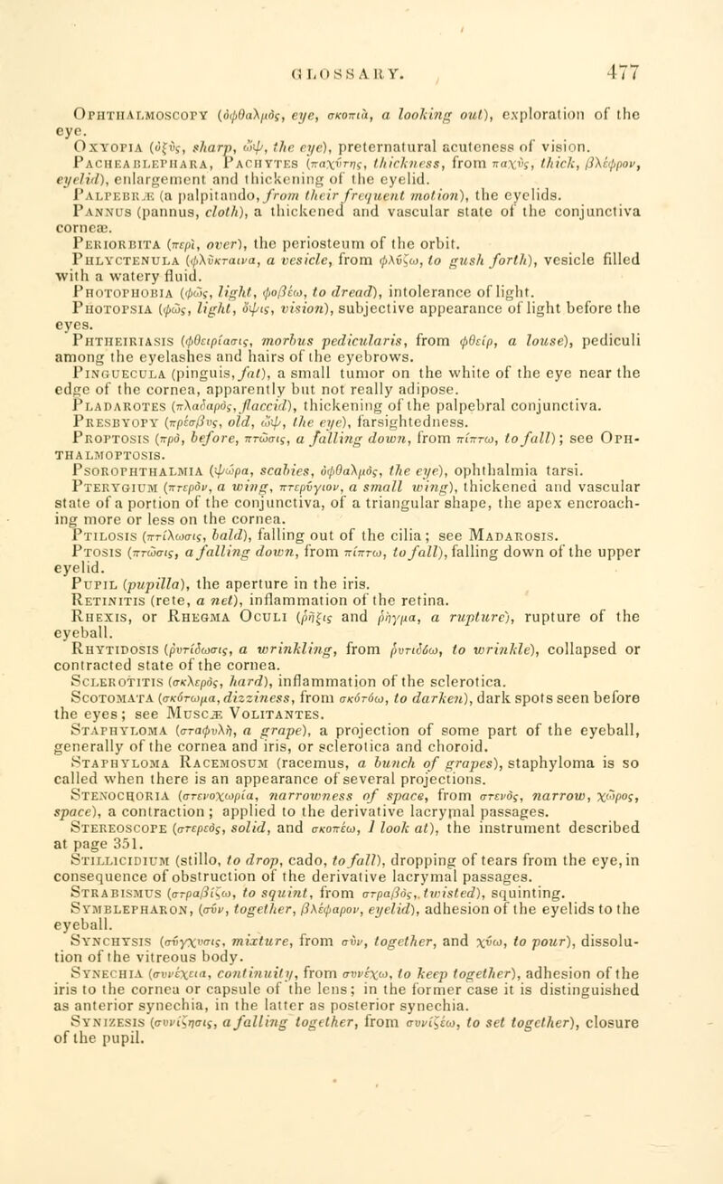 Ophthalmoscopy (d</>0aX/«5y, eye, ckokui, a looking out), exploration of the eye. Oxyopia (dfu^, sharp, o><p, the eye), preternatural acuteness of vision. Pacheablephara, Pachytes {Traxvrns, thickness, from naxi*Si thick, fl\c<j>pov, eyelid), enlargement and thickening of the eyelid. Palpebtwk (a palpitando,/>o/n their frequent motion), the eyelids. Pannus (pannus, cloth), a thickened and vascular state of the conjunctiva cornea}. Periorbita (nrpi, over), the periosteum of the orbit. Phlyctenula (4i\vKraii>a, a vesicle, from <p\i$(o,to gush forth), vesicle filled with a watery fluid. Photophobia (0<3y, light, tyoftho, to dread), intolerance of light. Piiotopsia [ipCJi, light, oipts, vision), subjective appearance of light before the eyes. Phtheiriasis (ipOcipiaai;, morbus pedicularis, from <pQclp, a louse), pediculi among the eyelashes and hairs of the eyebrows. Pinguecula (pinguis,/a/), a small tumor on the white of the eye near the edge of the cornea, apparently but not really adipose. Pladarotes (n-IWapf, flaccid), thickening of the palpebral conjunctiva. Presbyopy (lrpio-fivs, old, tliip, the eye), farsightedness. Proptosis (npd, before, irraicnf, a falling down, from nhno, to fall); see Oph- THALMOTTOS1S. Psorophthalmia (s/zcopa, scabies, d^0aX/ioj, the eye), ophthalmia tarsi. Pterygium (irrepdv, a wing, irrcpvytov, a small wing), thickened and vascular state of a portion of the conjunctiva, of a triangular shape, the apex encroach- ing more or less on the cornea. Ptilosis (TrriAwcrif, bald), falling out of the cilia; see Madarosis. Ptosis (zTuiais, a falling down, from iriitrat, to fall), falling down of the upper eyelid. Pupil {pupilla), the aperture in the iris. Retinitis (rete, a net), inflammation of the retina. Rhexis, or Rhegma Oculi {pn^t; and phypa, a rupture), rupture of the eyeball. Rhytidosis (p'tmcWij, a wrinkling, from pvuidto, to wrinkle), collapsed or contracted state of the cornea. Sclerotitis (<r(cXrpds, hard), inflammation of the sclerotica. Scotomata (cK6ro>pa, dizziness, from ok6t6<,}, to darke?i), dark spots seen before the eyes; see Moscze Volitantes. Staphyloma (aratpvM, a grape), a projection of some part of the eyeball, generally of the cornea and iris, or sclerotica and choroid. Staphyloma Racemosum (racemus, a bunch of grapes), staphyloma is so called when there is an appearance of several projections. Stenochoria ((Trevoxtopia, narroxvness of space, from a-revdg, narrow, x<~>P0s> space), a contraction; applied to the derivative lacryrnal passages. Stereoscope {arepcog, solid, and ckottcw, 1 look at), the instrument described at page 351. Stillicidium (stillo, to drop, cado, to fall), dropping of tears from the eye, in consequence of obstruction of the derivative lacrymal passages. Strabismus (crrpa/?(sco, to squint, from oTpaftds,. twisted), squinting. Symblepharon, {avv, together, (Ixityapov, eyelid), adhesion of the eyelids to the eyeball. Synchysis {triiyxvais, mixture, from ovv, together, and xtJto, to pour), dissolu- tion of the vitreous body. Synechia {(rovtxjua, continuity, from <rvvb(,<>>, to keep together), adhesion of the iris to the cornea or capsule of the lens; in the former case it is distinguished as anterior synechia, in the latter as posterior synechia. Synizesis (owiwais, a falling together, from avvi^eco, to set together), closure of the pupil.