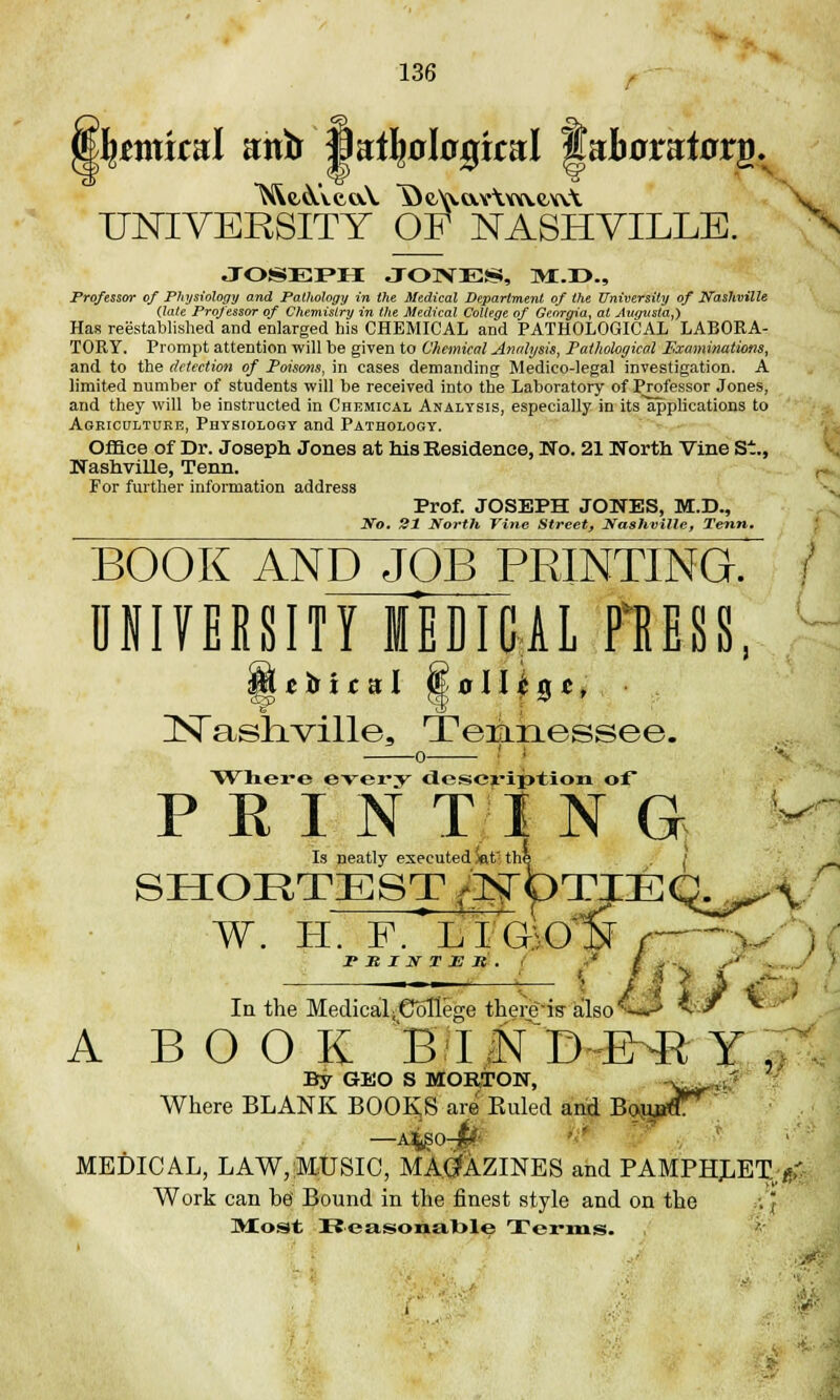 UNIVERSITY OF NASHVILLE. Joseph jo^E!«i, ]\r.r>., Professor of Physiology and PaOtology in the Medical Department of the University of Nashville (late Professor of Chemistry in the Medical College of Georgia, at Augusta,) Has reestablished and enlarged his CHEMICAL and PATHOLOGICAL LABORA- TORY. Prompt attention will be given to Chemical Analysis, Pathological Examinations, and to the detection of Poisons, in cases demanding Medico-legal investigation. A limited number of students will be received into the Laboratory of Professor Jones, and they will be instructed in Chemical Analysis, especially in its~applications to Agriculture, Physiology and Pathology. Office of Dr. Joseph Jones at his Residence, No. 21 North Vine St., NashviUe, Tenn. r For further information address Prof. JOSEPH JONES, M.D., No. SI North Vine Street, Nashville, Tenn. BOOK AND JOB PRINTING, f UNIVERSITY MEDICAL MESS, !N~asliville, Tennessee. 0 I ; Where every description of PEIN XI N G H Is neatly executed »t' the . ( SHORTEST ^pTIEQ^ \ w. h. f.'lig^oIJ r—~y > f P It I N T E It I. ' m y 4 In the MedicaljCoIlege thereis also* A B O O K BI fDl« Y , By GEO S MORTON, -v/ Where BLANK BOOKS are Ruled and BouaC^ MEDICAL, LAW, MUSIC, MAGAZINES and PAMPHLET^ Work can be Bound in the finest style and on the Most Beasonable Terms.