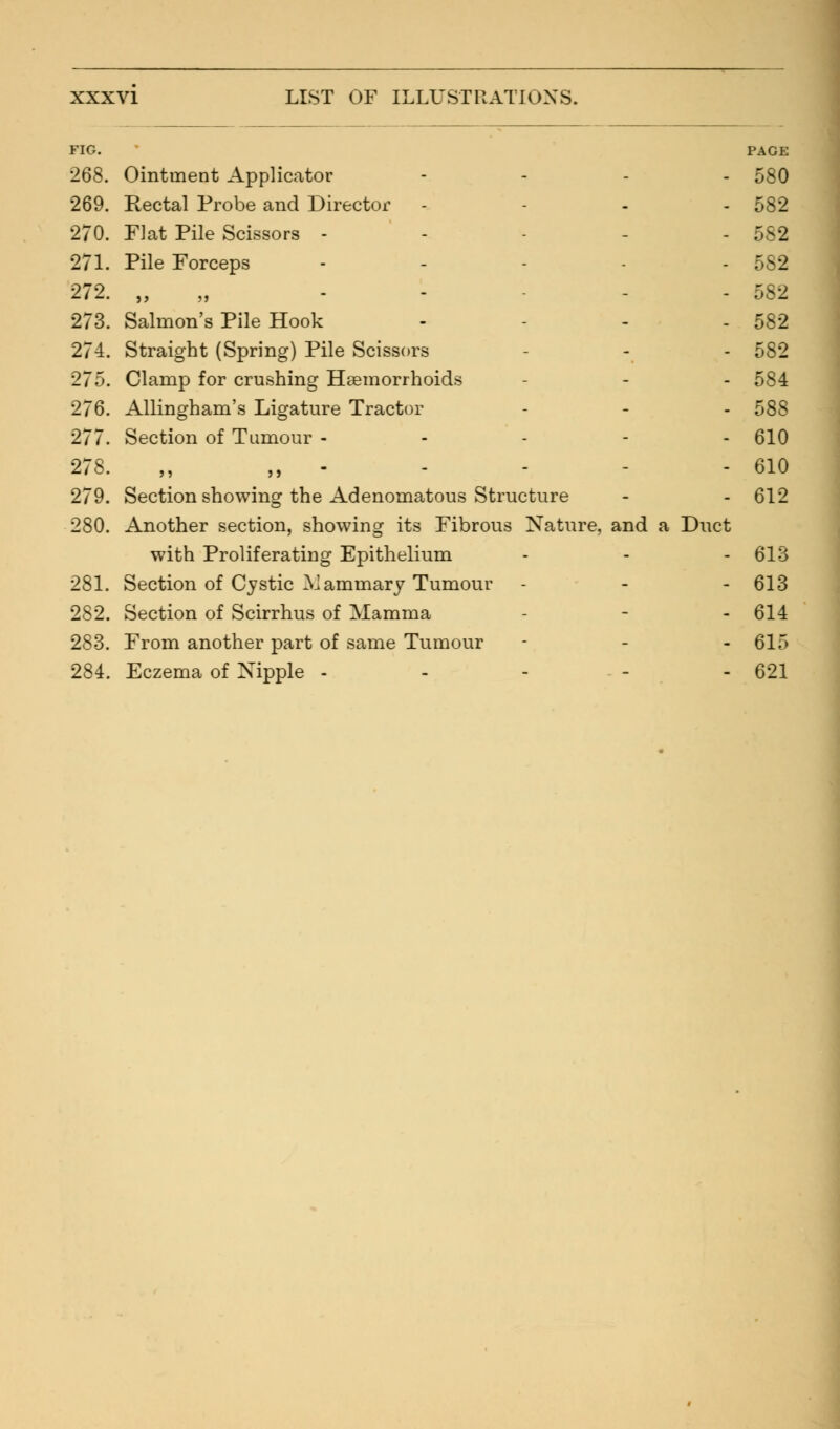 FIG. PAGE 268. Ointment Applicator .... 580 269. Rectal Probe and Director - 582 270. Flat Pile Scissors - - - - - 582 271. Pile Forceps - - - - - 582 272. „ - - 582 273. Salmon's Pile Hook - - - 582 274. Straight (Spring) Pile Scissors - - 582 275. Clamp for crushing Haemorrhoids - - 584 276. Allingham's Ligature Tractor - - - 588 277. Section of Tumour ----- 610 278. „ „ - - - - - 610 279. Section showing the Adenomatous Structure - - 612 280. Another section, showing its Fibrous Nature, and a Duct with Proliferating Epithelium - - - 613 281. Section of Cystic Alaminary Tumour - - - 613 282. Section of Scirrhus of Mamma - - - 614 283. From another part of same Tumour - - - 615 284. Eczema of Nipple - - - - - 621