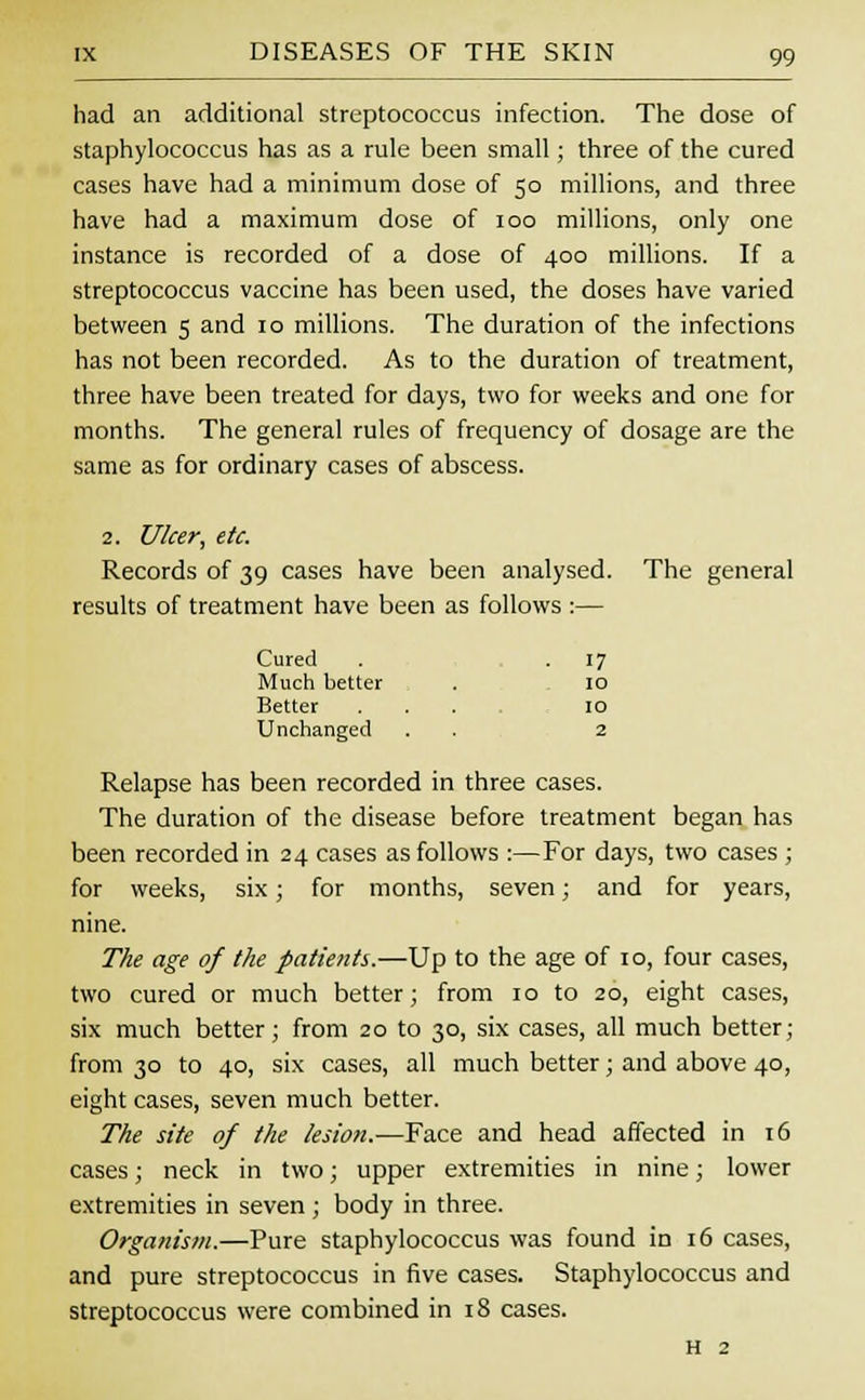 had an additional streptococcus infection. The dose of staphylococcus has as a rule been small; three of the cured cases have had a minimum dose of 50 millions, and three have had a maximum dose of 100 millions, only one instance is recorded of a dose of 400 millions. If a streptococcus vaccine has been used, the doses have varied between 5 and 10 millions. The duration of the infections has not been recorded. As to the duration of treatment, three have been treated for days, two for weeks and one for months. The general rules of frequency of dosage are the same as for ordinary cases of abscess. 2. Ulcer, etc. Records of 39 cases have been analysed. The general results of treatment have been as follows :— Cured . 17 Much better . 10 Better .... 10 Unchanged . . 2 Relapse has been recorded in three cases. The duration of the disease before treatment began has been recorded in 24 cases as follows :—For days, two cases; for weeks, six; for months, seven; and for years, nine. The age of the patients.—Up to the age of 10, four cases, two cured or much better; from 10 to 20, eight cases, six much better; from 20 to 30, six cases, all much better; from 30 to 40, six cases, all much better; and above 40, eight cases, seven much better. The site of the lesion.—Face and head affected in 16 cases; neck in two; upper extremities in nine; lower extremities in seven ; body in three. Organism.—Pure staphylococcus was found in 16 cases, and pure streptococcus in five cases. Staphylococcus and streptococcus were combined in 18 cases. H 2