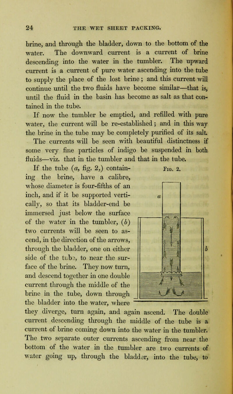 Fig. 2. brine, and through the bladder, down to the bottom of the water. The downward current is a current of brine descending into the water in the tumbler. The upward current is a current of pure water ascending into the tube to supply the place of the lost brine; and this current will continue until the two fluids have become similar—that is, until the fluid in the basin has become as salt as that con- tained in the tube. If now the tumbler be emptied, and refilled with pure water, the current will be re-established; and in this way the brine in the tube may be completely purified of its salt The currents will be seen with beautiful distinctness if some very fine particles of indigo be suspended in both fluids—viz. that in the tumbler and that in the lube. If the tube (a, fig. 2,) contain- ing the brine, have a calibre, whose diameter is four-fifths of an inch, and if it be supported verti- cally, so that its bladder-end be immersed just below the surface of the water in the tumbler, (b) two currents will be seen to as- cend, in the direction of the arrows, through the bladder, one on either side of the tub 2, to near the sur- face of the brine. They now turn, and descend together in one double current through the middle of the brine in the tube, down through the bladder into the water, where they diverge, turn again, and again ascend. The double current descending through the middle of the tube is a current of brine coming down into the water in the tumbler. The two separate outer currents ascending from near the bottom of the water in the tumbler are two currents of water going up, through the bladder, into the tube, to