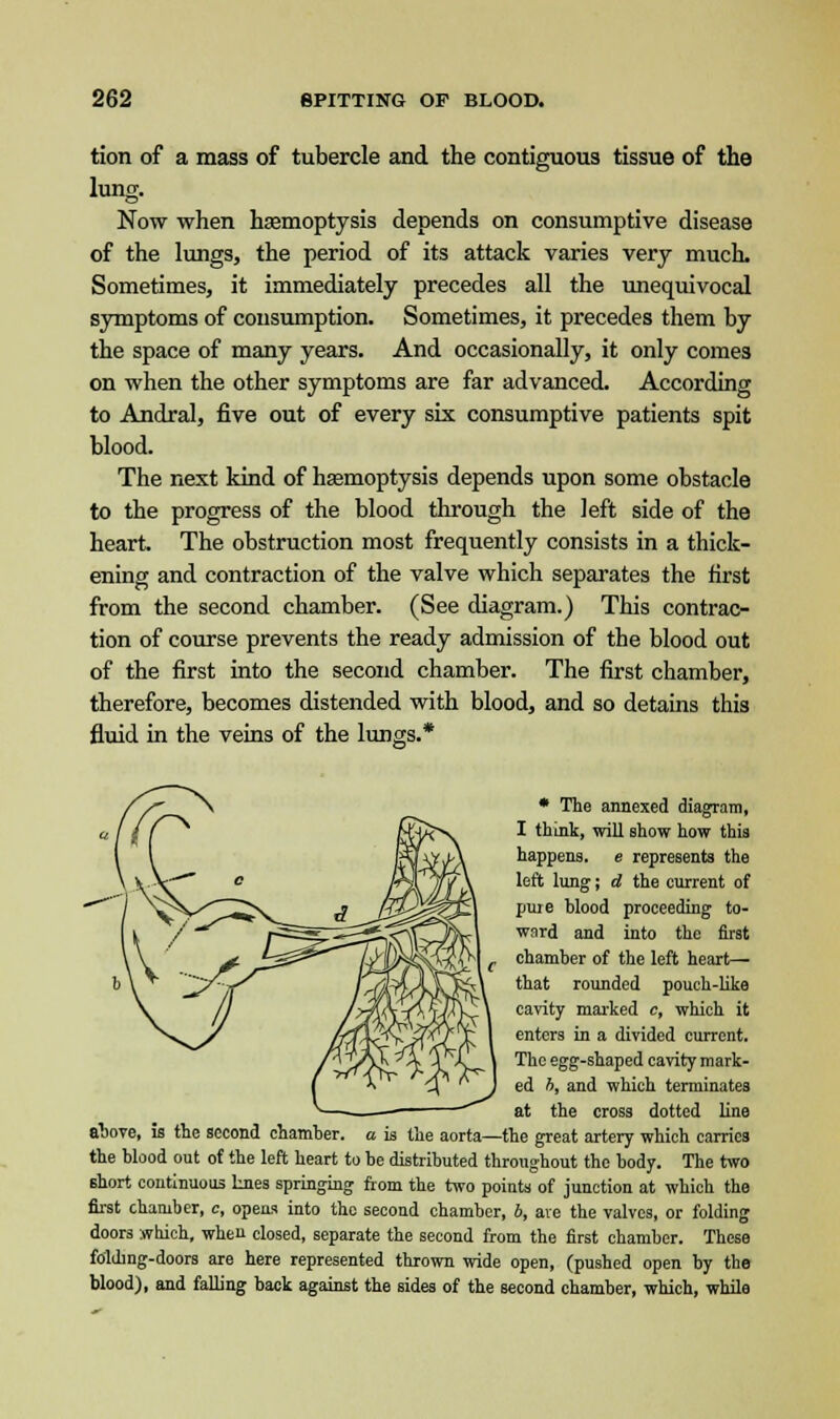 tion of a mass of tubercle and the contiguous tissue of the lung. Now when haemoptysis depends on consumptive disease of the lungs, the period of its attack varies very much. Sometimes, it immediately precedes all the unequivocal symptoms of consumption. Sometimes, it precedes them by the space of many years. And occasionally, it only comes on when the other symptoms are far advanced. According to Andral, five out of every six consumptive patients spit blood. The next kind of haemoptysis depends upon some obstacle to the progress of the blood through the left side of the heart. The obstruction most frequently consists in a thick- ening and contraction of the valve which separates the first from the second chamber. (See diagram.) This contrac- tion of course prevents the ready admission of the blood out of the first into the second chamber. The first chamber, therefore, becomes distended with blood, and so detains this fluid in the veins of the lungs.* above, is the second chamber. * The annexed diagram, I think, will show how this happens, e represents the left lung; d the current of pure blood proceeding to- ward and into the first chamber of the left heart— that rounded pouch-like cavity marked c, which it enters in a divided current. The egg-shaped cavity mark- ed b, and which terminates at the cross dotted line a is the aorta—the great artery which carries the blood out of the left heart to be distributed throughout the body. The two short continuous hues springing from the two points of junction at which the first chamber, c, opens into the second chamber, b, are the valves, or folding doors which, when closed, separate the second from the first chamber. These folding-doors are here represented thrown wide open, (pushed open by the blood), and falling back against the sides of the second chamber, which, while