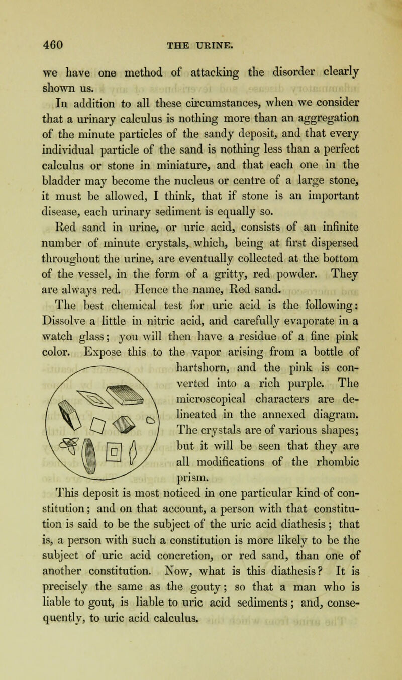 we have one method of attacking the disorder clearly shown us. In addition to all these circumstances, when we consider that a urinary calculus is nothing more than an aggregation of the minute particles of the sandy deposit, and that every individual particle of the sand is nothing less than a perfect calculus or stone in miniature, and that each one in the bladder may become the nucleus or centre of a large stone, it must be allowed, I think, that if stone is an important disease, each urinary sediment is equally so. Red sand in urine, or uric acid, consists of an infinite number of minute crystals, which, being at first dispersed throughout the urine, are eventually collected at the bottom of the vessel, in the form of a gritty, red powder. They are always red. Hence the name, Red sand. The best chemical test for uric acid is the following: Dissolve a little in nitric acid, and carefully evaporate in a watch glass; you will then have a residue of a fine pink color. Expose this to the vapor arising from a bottle of hartshorn, and the pink is con- verted into a rich purple. The microscopical characters are de- lineated in the annexed diagram. The crystals are of various shapes; but it will be seen that they are all modifications of the rhombic prism. This deposit is most noticed in one particular kind of con- stitution ; and on that account, a person with that constitu- tion is said to be the subject of the uric acid diathesis; that is, a person with such a constitution is more likely to be the subject of uric acid concretion, or red sand, than one of another constitution. Now, what is this diathesis? It is precisely the same as the gouty; so that a man who is liable to gout, is liable to uric acid sediments ; and, conse- quently, to uric acid calculus.