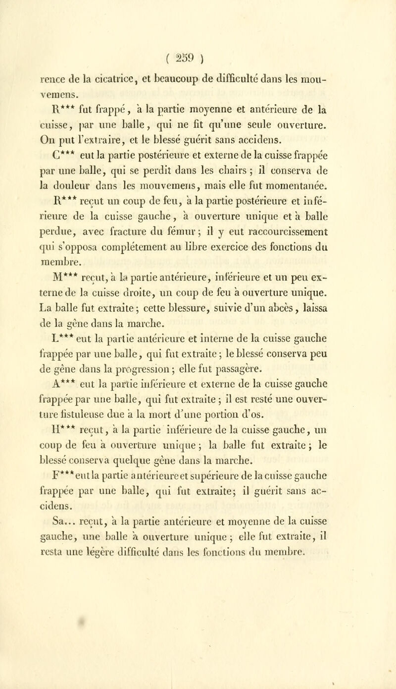 rence de la cicatrice, et beaucoup de difficulté dans les mou- veraens. R*** fut frappé, a la partie moyenne et antérieure de la cuisse, par une balle, qui ne fit qu'une seule ouverture. On put l'extraire, et le blessé guérit sans accidens. C*** eut la partie postérieure et externe de la cuisse frappée par une balle, qui se perdit dans les chairs ; il conserva de la douleur dans les mouvemens, mais elle fut momentanée. R*** reçut un coup de feu, a la partie postérieure et infé- rieure de la cuisse gauche, à ouverture unique et a balle perdue, avec fracture du fémur; il y eut raccourcissement qui s'opposa complètement au libre exercice des fonctions du membre. M*** reçut, a la partie antérieure, inférieure et un peu ex- terne de la cuisse droite, un coup de feu à ouverture unique. La balle fut extraite ; cette blessure, suivie d'un abcès, laissa de la gêne dans la marche. L*** eut la partie antérieure et interne de la cuisse gauche frappée par une balle, qui fut extraite ; le blessé conserva peu de gène dans la progression ; elle fut passagère. A*** eut la partie inférieure et externe de la cuisse gauche frappée par une balle, qui fut extraite ; il est resté une ouver- ture fistuleuse due a la mort d'une portion d'os. H*** reçut, a la partie inférieure de la cuisse gauche, un coup de feu à ouverture unique ; la balle fut extraite ; le blessé conserva quelque gène dans la marche. F***eutla partie antérieureet supérieure de la cuisse gauche frappée par une balle, qui fut extraite; il guérit sans ac- cidens. Sa... reçut, a la partie antérieure et moyenne de la cuisse gauche, une balle a ouverture unique; elle fut extraite, il resta une légère difficulté dans les fonctions du membre.