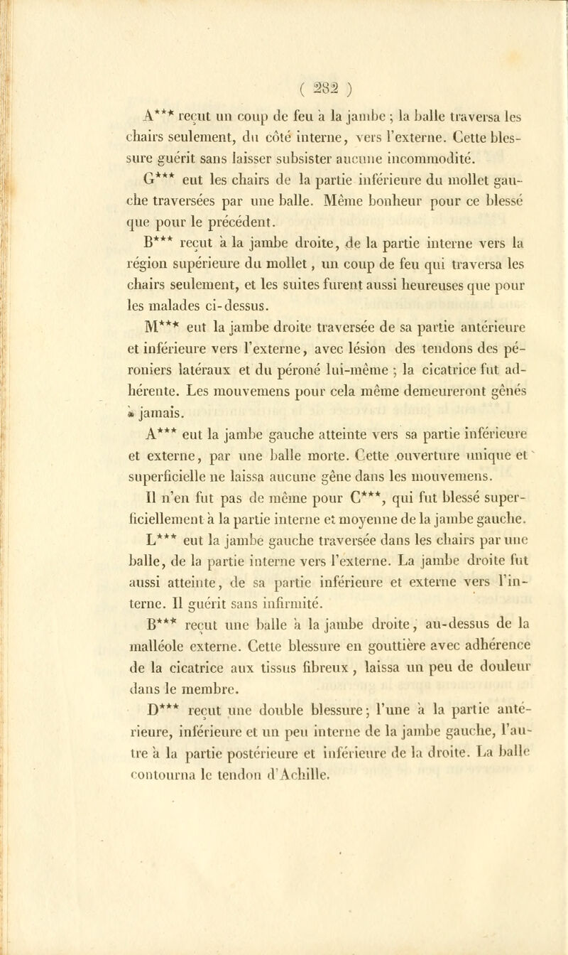 ( 283 ) A*** reçut un coup de feu a la jambe ; la balle traversa les chairs seulement, du côté interne, vers l'externe. Cette bles- sure guérit sans laisser subsister aucune incommodité. G*** eut les chairs de la partie inférieure du mollet gau- che traversées par une balle. Même bonheur pour ce blessé que pour le précédent. B*** reçut a la jambe droite, de la partie interne vers la région supérieure du mollet, un coup de feu qui traversa les chairs seulement, et les suites furent aussi heureuses que pour les malades ci-dessus. M*** eut la jambe droite traversée de sa partie antérieure et inférieure vers l'externe, avec lésion des tendons des pé- roniers latéraux et du péroné lui-même ; la cicatrice fut ad- hérente. Les mouvemens pour cela même demeureront gênés » jamais. A*** eut la jambe gauche atteinte vers sa partie inférieure et externe, par une balle morte. Cette ouverture unique et superficielle ne laissa aucune gêne dans les mouvemens. Il n'en fut pas de même pour C***, qui fut blessé super- ficiellement a la partie interne et moyenne de la jambe gauche. L*** eut la jambe gauche traversée dans les chairs par une balle, de la partie interne vers l'externe. La jambe droite fut aussi atteinte, de sa partie inférieure et externe vers l'in- terne. Il guérit sans infirmité. B*** reçut une balle a la jambe droite, au-dessus de la malléole externe. Cette blessure en gouttière avec adhérence de la cicatrice aux tissus fibreux, laissa un peu de douleur dans le membre. D*** reçut une double blessure; l'une à la partie anté- rieure, inférieure et un peu interne de la jambe gauche, l'au- tre a la partie postérieure et inférieure de la droite. La balle contourna le tendon d'Achille.