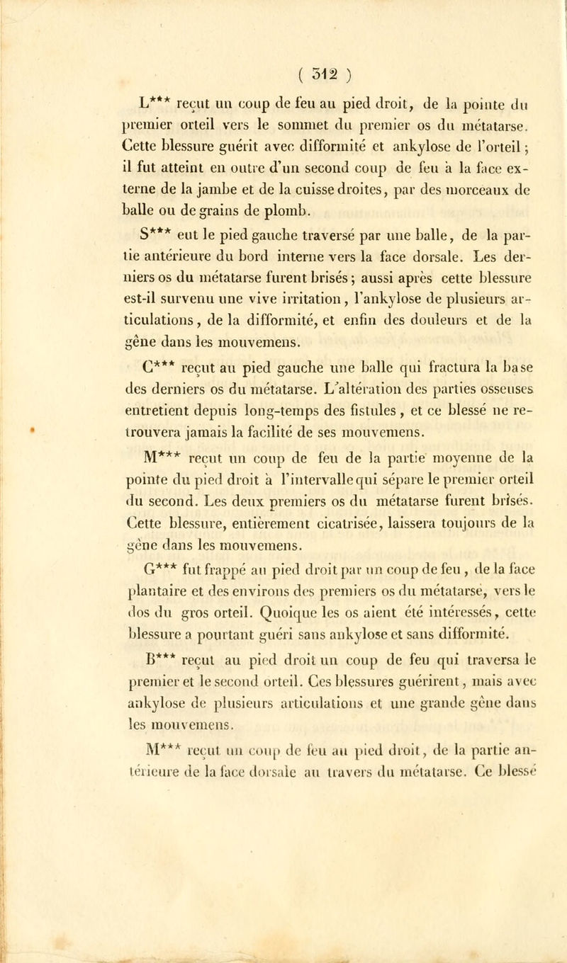 L*** reçut un coup de feu au pied droit, de la pointe du premier orteil vers le sommet du premier os du métatarse. Cette blessure guérit avec difformité et ankylose de l'orteil ; il fut atteint en outre d'un second coup de feu a la face ex- terne de la jambe et de la cuisse droites, par des morceaux de balle ou de grains de plomb. S*** eut le pied gauche traversé par une balle, de la par- tie antérieure du bord interne vers la face dorsale. Les der- niers os du métatarse furent brisés ; aussi après cette blessure est-il survenu une vive irritation, l'ankylose de plusieurs ar- ticulations , de la difformité, et enfin des douleurs et de la gêne dans les mouvemens. C*** reçut au pied gauche une balle qui fractura la base des derniers os du métatarse. L'altération des parties osseuses entretient depuis long-temps des fistules , et ce blessé ne re- trouvera jamais la facilité de ses mouvemens. M*** reçut un coup de feu de la partie moyenne de la pointe du pied droit a l'intervalle qui sépare le premier orteil du second. Les deux premiers os du métatarse furent brisés. Cette blessure, entièrement cicatrisée, laissera toujours de la gène dans les mouvemens. G*** fut frappé au pied droit par un coup de feu , de la face plantaire et des environs des premiers os du métatarse, vers le dos du gros orteil. Quoique les os aient été intéressés, cette blessure a pourtant guéri sans ankylose et sans difformité. B*** reçut au pied droit un coup de feu qui traversa le premier et le second orteil. Ces blessures guérirent, mais avec ankylose de plusieurs articulations et une grande gène dans les mouvemens. M*** reçut un coup de feu au pied droit, de la partie an- térieure de la lace dorsale au travers du métatarse. Ce blessé