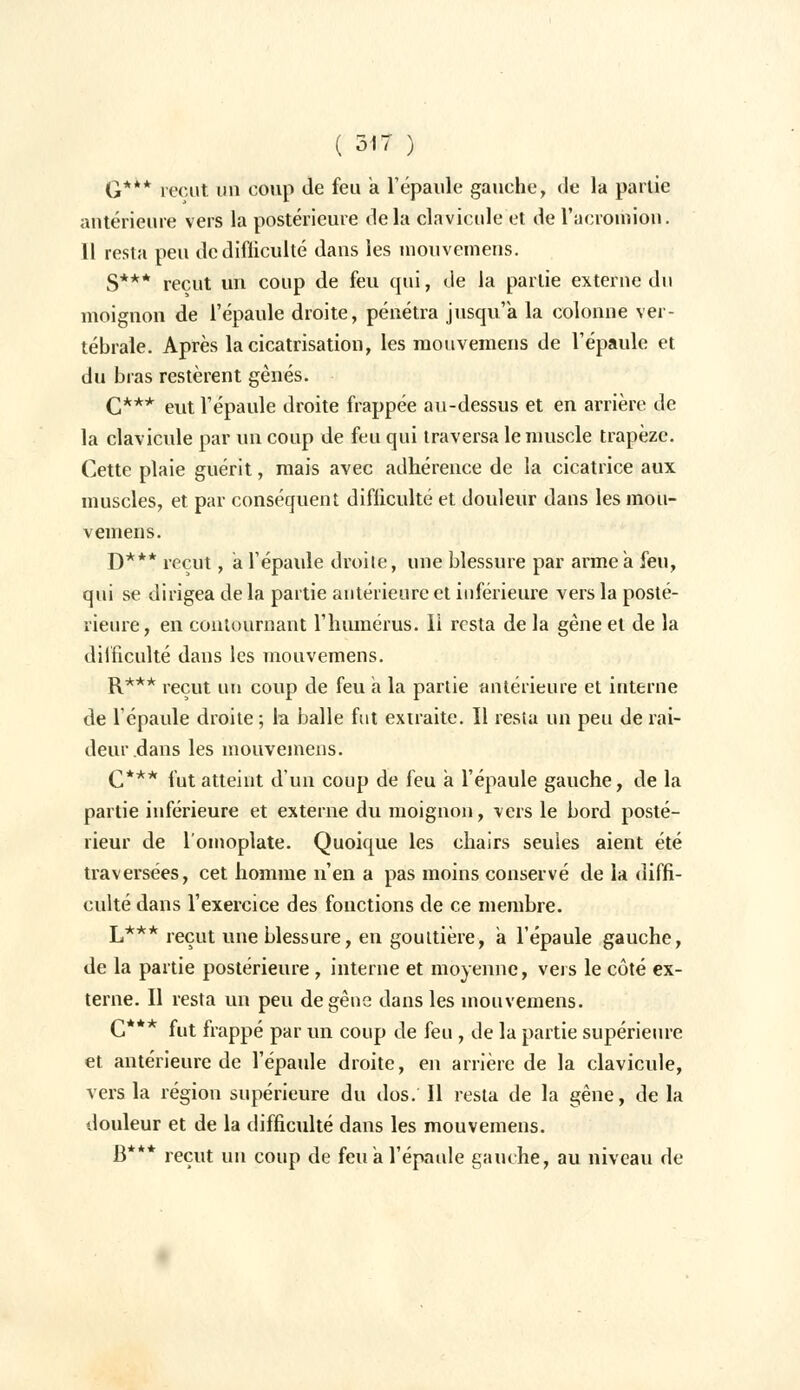 G*** reçut un coup de feu a l'épaule gauche, de la partie antérieure vers la postérieure delà clavicule et de l'ueroiniou. II resta peu dcdifliculté daus les mouvemens. S*** reçut un coup de feu qui, de la partie externe du moignon de l'épaule droite, pénétra jusqu'à la colonne ver- tébrale. Après la cicatrisation, les mouvemens de l'épaule et du bras restèrent gênés. C*** eut l'épaule droite frappée au-dessus et en arrière de la clavicule par un coup de feu qui traversa le muscle trapèze. Cette plaie guérit, mais avec adhérence de la cicatrice aux muscles, et par conséquent difficulté et douleur dans les mou- vemens. D*** reçut, a l'épaule droite, une blessure par arme a feu, qui se dirigea de la partie antérieure et inférieure vers la posté- rieure, en contournant l'humérus, li resta de la gène et de la difficulté dans les mouvemens. R*** reçut un coup de feu a la partie antérieure et interne de l'épaule droite ; la balle fut extraite. Il resta un peu de rai- deur .dans les mouvemens. C*** fut atteint d'un coup de feu a l'épaule gauche, de la partie inférieure et externe du moignon, vers le bord posté- rieur de l'omoplate. Quoique les chairs seules aient été traversées, cet homme n'en a pas moins conservé de la diffi- culté dans l'exercice des fonctions de ce membre. L*** reçut une blessure, en gouttière, a l'épaule gauche, de la partie postérieure , interne et moyenne, vers le côté ex- terne. Il resta un peu de gêne dans les mouvemens. C*** fut frappé par un coup de feu , de la partie supérieure et antérieure de l'épaule droite, en arrière de la clavicule, vers la région supérieure du dos.' Il resta de la gêne, de la douleur et de la difficulté dans les mouvemens. B*** reçut un coup de feu a l'épaule gauche, au niveau de