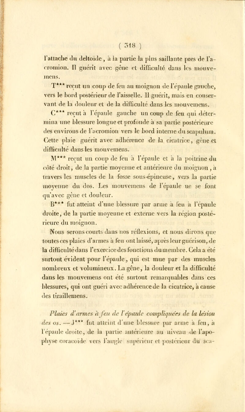 l'attache du deltoïde , à ia partie la plus saillante près de l'a- cromioo. Il guérit avec gène et difficulté dans les mouve- mens. T*** reçut un coup de feu au moignon de l'épaule gauche, vers le bord postérieur de l'aisselle. Il guérit, mais en conser- vant de la douleur et de la difficulté dans les mouvemens. C*** reçut a l'épaule gauche un coup de feu qui déter- mina une blessure longue et profonde a sa partie postérieure des environs de l'acromion vers le bord interne du scapulum. Cette plaie guérit avec adhérence de la cicatrice, gène et difficulté dans les mouvemens. M*** reçut un coup de feu a l'épaule et a la poitrine du eôté droit, de la partie moyenne et antérieure du moignon, a travers les muscles de la fosse sous-épineuse, vers la partie moyenne du dos. Les mouvemens de l'épaule ne se font qu'avec gène et douleur. B*** fut atteint d'une blessure par arme a feu a l'épaule droite, de la partie moyenne et externe vers la région posté- rieure du moignon. Nous serons courts dans nos réflexions, et nous dirons que toutes ces plaies d'armes a feu ont laissé, après leur guérison, de la difficulté dans l'exercice des fonctions dumembre. Gelaa été surtout évident pour l'épaule, qui est mue par des muscles nombreux et volumineux. La gêne, la douleur et la difficulté dans les mouvemens ont été surtout remarquables dans ces blessures, qui ont guéri avec adhérence de la cicatrice, a cause des tiraillemens. Plaies d'armes à feu de l'épaule compliquées de la lésion des os. —J*** fut atteint d'une blessure par arme a feu, a l'épaule droite, de la partie antérieure au niveau de l'apo- pliyse eoracoïde vers l'angle supérieur et postérieur du Bca-