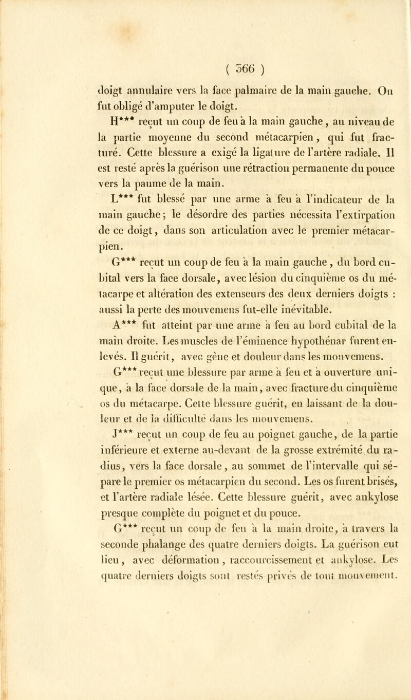 ( 56(3 ) doigt annulaire vers la face palmaire de la main gauche. On fut obligé d'amputer le doigt. H*** reçut un coup de feu a la main gauche, au niveau de la partie moyenne du second métacarpien , qui fut frac- turé. Cette blessure a exigé la ligature de l'artère radiale. Il est resté après la guérison une rétraction permanente du pouce vers la paume de la main. L*** fut blessé par une arme a feu a l'indicateur de la main gauche ; le désordre des parties nécessita l'extirpation de ce doigt, dans son articulation avec le premier métacar- pien. G*** reçut un coup de feu a la main gauche , du bord cu- bital vers la face dorsale, avec lésion du cinquième os du mé- lacarpe et altération des extenseurs des deux derniers doigts : aussi la perte des mouvemens fut-elle inévitable. A*** fut atteint par une arme a feu au bord cubital de la main droite. Les muscles de l'éminence hypothénar furent en- levés. Il guérit, avec gêne et douleur dans les mouvemens. G*** reçut une blessure par arme a feu et a ouverture uni- que, a la face dorsale de la main, avec fracture du cinquième os du métacarpe. Cette blessure guérit, en laissant de la dou- leur et de la difficulté dans les mouvemens. J*** reçut un coup de feu au poignet gauche, de la partie inférieure et externe au-devant de la grosse extrémité du ra- dius, vers la face dorsale , au sommet de l'intervalle qui sé- pare le premier os métacarpien du second. Les os furent brisés, et l'artère radiale lésée. Cette blessure guérit, avec ankylose presque complète du poignet et du pouce. G*** reçut un coup de feu a la main droite, a travers la seconde phalange des quatre derniers doigts. La guérison eut lieu , avec déformation , raccourcissement et ankylose. Les quatre derniers doigts sont restés privés de tout mouvement.