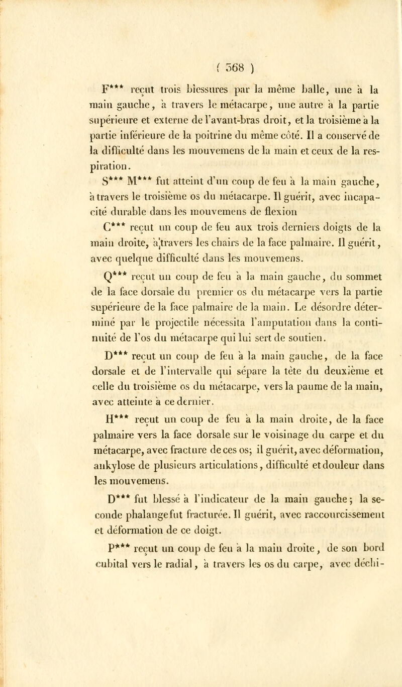 F*** reçut trois blessures par la même balle, une a la main gauche, à travers le métacarpe, une autre a la partie supérieure et externe de l'avant-bras droit, et la troisième a la partie inférieure de la poitrine du même côté. Il a conservé de la difficulté dans les mouvemens de la main et ceux de la res- piration. S*** M*** fut atteint d'un coup de feu a la main gauche, a travers le troisième os du métacarpe. Il guérit, avec incapa- cité durable dans les mouvemens de flexion C*** reçut un coup de feu aux trois derniers doigts de la main droite, ajtravers les chairs de la face palmaire. Il guérit, avec quelque difficulté dans les mouvemens. Q*** reçut un coup de feu a la main gauche, du sommet de la face dorsale du premier os du métacarpe vers la partie supérieure de la face palmaire de la main. Le désordre déter- miné par le projectile nécessita l'amputation dans la conti- nuité de l'os du métacarpe qui lui sert de soutien. D*** reçut un coup de feu a la main gauche, de la face dorsale et de l'intervalle qui sépare la tète du deuxième et celle du troisième os du métacarpe, vers la paume de la main, avec atteinte à ce dernier. H*** reçut un coup de feu a la main droite, de la face palmaire vers la face dorsale sur le voisinage du carpe et du métacarpe, avec fracture de ces os; il guérit, avec déformation, ankylose de plusieurs articulations, difficulté et douleur dans les mouvemens. D*** fut blessé a l'indicateur de la main gauche ; la se- conde phalange fut fracturée. Il guérit, avec raccourcissement et déformation de ce doigt. P*** reçut un coup de feu a la main droite, de son bord cubital vers le radial, a travers les os du carpe, avec déchi-