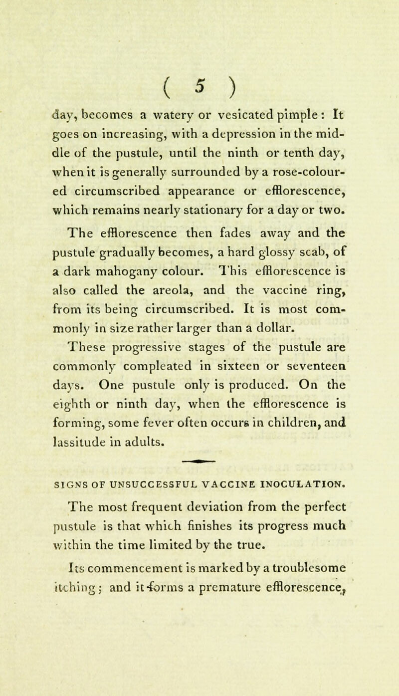 day, becomes a watery or vesicated pimple : It goes on increasing, with a depression in the mid- dle of the pustule, until the ninth or tenth day, when it is generally surrounded by a rose-colour- ed circumscribed appearance or efflorescence, which remains nearly stationary for a day or two. The efflorescence then fades away and the pustule gradually becomes, a hard glossy scab, of a dark mahogany colour. This efflorescence is also called the areola, and the vaccine ring, from its being circumscribed. It is most com- monly in size rather larger than a dollar. These progressive stages of the pustule are commonly compleated in sixteen or seventeen days. One pustule only is produced. On the eighth or ninth day, when the efflorescence is forming, some fever often occurs in children, and lassitude in adults. SIGNS OF UNSUCCESSFUL VACCINE INOCULATION. The most frequent deviation from the perfect pustule is that which finishes its progress much within the time limited by the true. Its commencement is marked by a troublesome itching; and it-forms a premature efflorescence,