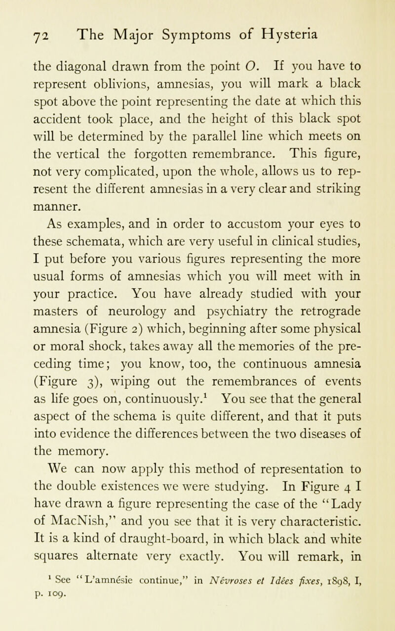 the diagonal drawn from the point O. If you have to represent oblivions, amnesias, you will mark a black spot above the point representing the date at which this accident took place, and the height of this black spot will be determined by the parallel line which meets on the vertical the forgotten remembrance. This figure, not very complicated, upon the whole, allows us to rep- resent the different amnesias in a very clear and striking manner. As examples, and in order to accustom your eyes to these schemata, which are very useful in clinical studies, I put before you various figures representing the more usual forms of amnesias which you will meet with in your practice. You have already studied with your masters of neurology and psychiatry the retrograde amnesia (Figure 2) which, beginning after some physical or moral shock, takes away all the memories of the pre- ceding time; you know, too, the continuous amnesia (Figure 3), wiping out the remembrances of events as life goes on, continuously.1 You see that the general aspect of the schema is quite different, and that it puts into evidence the differences between the two diseases of the memory. We can now apply this method of representation to the double existences we were studying. In Figure 4 I have drawn a figure representing the case of the Lady of MacNish, and you see that it is very characteristic. It is a kind of draught-board, in which black and white squares alternate very exactly. You will remark, in 1 See  L'amnesie continue, in Nevroses el Idees fixes, 1S0S, I, p. 109.