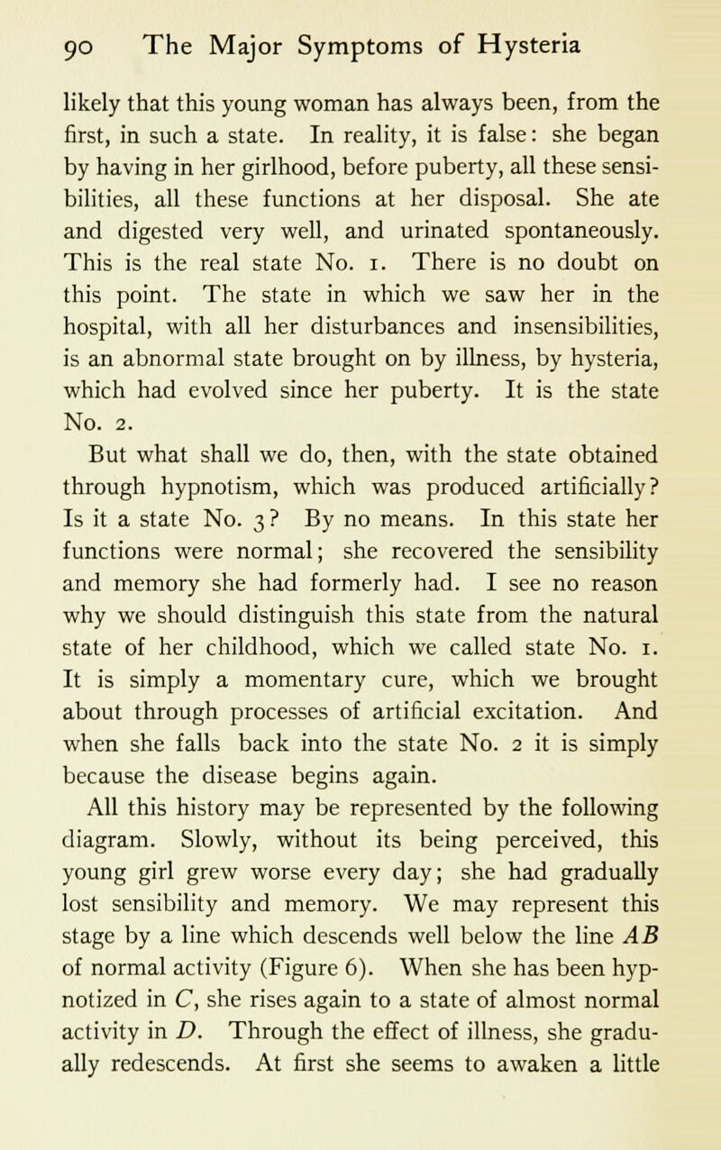 likely that this young woman has always been, from the first, in such a state. In reality, it is false: she began by having in her girlhood, before puberty, all these sensi- bilities, all these functions at her disposal. She ate and digested very well, and urinated spontaneously. This is the real state No. i. There is no doubt on this point. The state in which we saw her in the hospital, with all her disturbances and insensibilities, is an abnormal state brought on by illness, by hysteria, which had evolved since her puberty. It is the state No. 2. But what shall we do, then, with the state obtained through hypnotism, which was produced artificially? Is it a state No. 3 ? By no means. In this state her functions were normal; she recovered the sensibility and memory she had formerly had. I see no reason why we should distinguish this state from the natural state of her childhood, which we called state No. 1. It is simply a momentary cure, which we brought about through processes of artificial excitation. And when she falls back into the state No. 2 it is simply because the disease begins again. All this history may be represented by the following diagram. Slowly, without its being perceived, this young girl grew worse every day; she had gradually lost sensibility and memory. We may represent this stage by a line which descends well below the line AB of normal activity (Figure 6). When she has been hyp- notized in C, she rises again to a state of almost normal activity in D. Through the effect of illness, she gradu- ally redescends. At first she seems to awaken a little