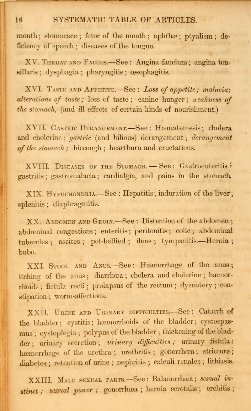 mouth; stomacace ; fetor of the mouth ; aphtha?; ptyalism ; de- ficiency of speech ; diseases of the tongue. XV. Throat and Fauces.—See : Angina faucium; angina ton- sillaris ; dysphagia ; pharyngitis ; oesophagitis. XVI. Taste and Appetite.—See: Loss of appetite; malaria; alterations of taste; loss of taste; canine hunger; weakness of the stomach, (and ill effects of certain kinds of nourishment.) XVII. Gastric Derangement.—See: Hffimateinesis; cholera and cholerine ; r/astric (and bilious) derangement; derangement of the stomach; hiccough ; heartburn and eructations. XVIII. Diseases of the Stomach. — See : Gastroenteritis » gastritis; gastromalacia; cardialgia, and pains in the stomach. XIX. Hypochondria.—See : Hepatitis; induration of the liver; splenitis ; diaphragmitis. XX. Abdomen and Groin.—See : Distention of the abdomen ; abdominal congestions; enteritis; peritonitis ; colic ; abdominal tubercles ; ascites ; pot-bellied ; ileus ; tympanitis.—Hernia ; bubo. XXL Stool and Anus.—See: Haemorrhage of the anus ; itching of the anus; diarrhoea; cholera and cholerine ; haemor- rhoids ; fistula recti; prolapsus of the rectum ; dysentery ; con- stipation ; worm-affections. XXII. Urine and Urixary difficulties.—See: Catarrh of the bladder; cystitis; haemorrhoids of the bladder; cystospas- mus; cystoplegia; polypus of the bladder ; thickening of the blad- der ; urinary secretion; urinary difficulties; urinary fistula: hemorrhage of the urethra; urethritis; gonorrhoea; stricture; diabetes ; retention of urine ; nephritis ; calculi renales ; lithiasis. XXIII. Male sexual parts.—See: Balanorrhaea; sexual in- stinct ; sexual power ; gonorrhoea ; hernia scrotals ; orchitis ;