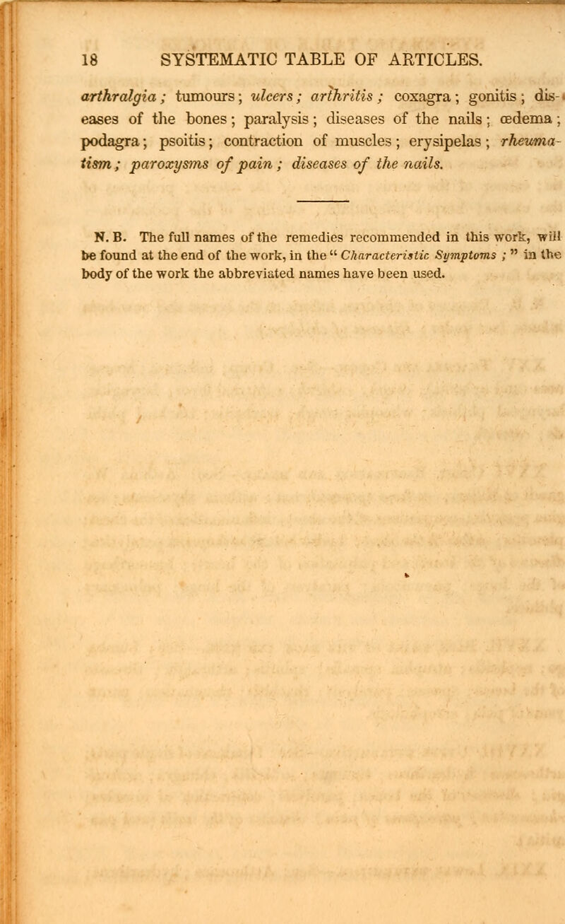 arthralgia; tumours; ulcers; arthritis; coxagra; gonitis; dis-< eases of the bones; paralysis; diseases of the nails; oedema; podagra; psoitis; contraction of muscles ; erysipelas ; rheuma- tism ; paroxysms of pain ; diseases of the nails. N. B. The full names of the remedies recommended in this work, will be found at the end of the work, in the  Characteristic Symptoms ;  in the body of the work the abbreviated names have been used.