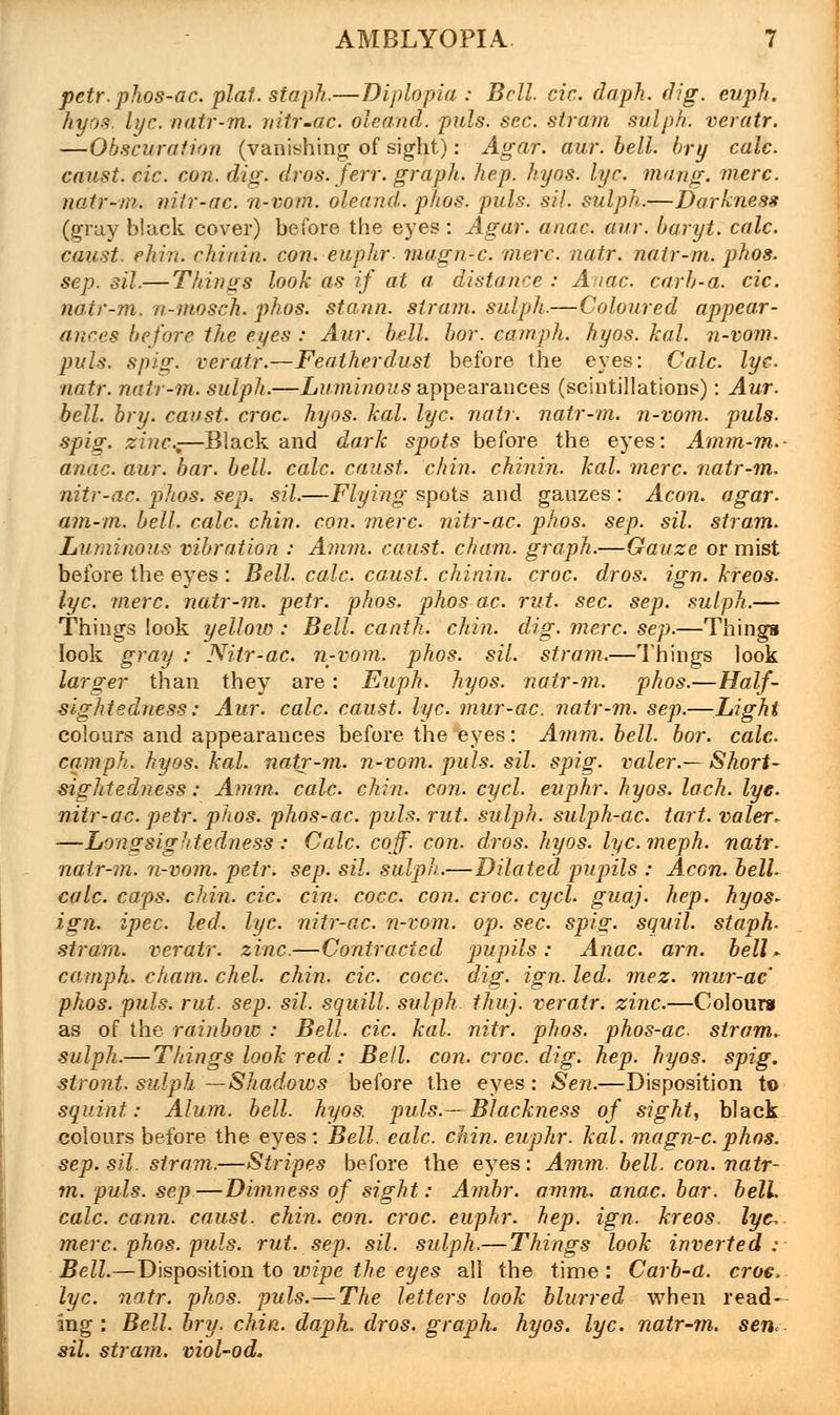 petr. phos-ac. plat, staph.—Diplopia: Bell. cic. daph. dig. euph. hyos. lye. natr-m. nitr-ac. oleand. puis. sec. strain sulph. veratr. —Obscuration (vanishing of sight): Agar. aur. bell, bry cole, caust. cic. con. dig. dros. ferr. graph, hep. hyos. lye. mang. mere, natr-m. nitr-ac. n-vom. oleand. phos. puis. sil. sulph.—Darkness (gray black cover) before the eyes : Agar. anac. aur. baryt. calc. caust. ehin. chimin, con. euphr- magn-c. mere. natr. natr-m. phos. sep. sil.— Things look as if at a distance : Anac. carb-a. cic. natr-m. n-mosch. phos. stann. strain, sulph.—Coloured appear- ances before the eyes : Aur. bell. bor. camph. hyos. kal. n-vom. puis. spig. veratr.—Featherdust before the eyes: Calc. lye natr. natr-m. sulph.—Luminous appearances (scintillations): Aur. bell. bry. caust. croc. hyos. kal. lye natr. natr-m. n-vom. puis, spig. zinc,—Black and dark spots before the eyes: Amm-m.- anac. aur. bar. bell. calc. caust. chin, chinin. kal. mere, natr-m. nitr-ac. phos. sep. sil.—Flying spots and gauzes : Aeon, agar- am-m. bell. calc. chin. con. mere nitr-ac. phos. sep. sil. stram. Luminous vibration : Amm. caust. cham. graph.—Gauze or mist before the eyes : Bell. calc. caust. chinin. croc. dros. ign. kreos. lye. mere, natr-m. petr. phos. phos ac. rut. sec. sep. sulph.— Things look yellow : Bell, canth. chin. dig. mere. sep.—Things look gray : Nitr-ac. n-vom. phos. sil. stram.—Things look larger than they are: Euph. hyos. natr-m. phos.—Half- slghtedness: Aur. calc. caust. lye. mur-ac. natr-m. sep.—Light colours and appearances before the eyes: Amm. bell. bor. calc. camph. hyos. kal. natr-m. n-vom. puis. sil. spig. valer.— Short- sightedness: Amm. calc. chin. con. cycl. euphr. hyos. lach. lye. nitr-ac. petr. phos. phos-ac. puis. rut. sulph. sulph-ac. tart, valer* —Longsightedness: Calc. coff. con. dros. hyos. lyc.meph. natr- natr-m. n-vom. petr. sep. sil. sulph.—Dilated pupils : Aeon. bell, calc. caps. chin. cic. cin. cocc. con. croc. cycl. guaj. hep. hyos* ign. ipec. led. lye. nitr-ac. n-vom. op. sec. spig. squil. staph- stram. veratr. zinc.—Contracted pupils: Anac. am. bell* camph. cham. chel. chin. cic. cocc. dig. ign. led. mez. mur-ac phos. puis. rut. sep. sil. squill, sulph. thuj. veratr. zinc.—Colours as of the rainbow : Bell. cic. kal. nitr. phos. phos-ac. stram* sulph.— Things look red: Bell. con. croc. dig. hep. hyos. spig. stront. sulph —Shadows before the eyes : Sen.—Disposition to squint: Alum. bell. hyos. puis.—Blackness of sight, black colours before, the eyes: Bell. ealc. chin, euphr. kal. magn-c.phos. sep. sil. stram.—Stripes before the eyes : Amm. bell. con. natr- m. puis, sep—Dimness of sight: Ambr. amm. anac. bar. bell. calc. cann. caust. chin. con. croc, euphr. hep. ign. kreos lye. mere. phos. puis. rut. sep. sil. sulph.— Things look inverted : Bell.—Disposition to wipe the eyes all the time: Carb-a. croe, lye. natr. phos. puis.— The letters look blurred when read- ing: Bell. bry. chin. daph. dros. graph, hyos. lye. natr-m. sen. sil. strain, viol-od.