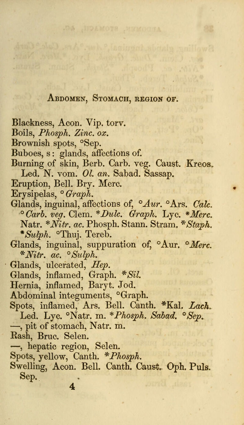 Abdomen, Stomach, region of. Blackness, Aeon. Vip. torv. Boils, Phosph. Zinc. ox. Brownish spots, °Sep. Buboes, s: glands, affections of. Burning of skin, Berb. Carb. veg. Caust. Kreos. Led. N. vom. 01. an. Sabad. Sassap. Eruption, Bell. Bry. Merc. Erysipelas, ° Graph. Glands, inguinal, affections of, °Aur. °Ars. Calc. °Carb. veg. Clem. *Dulc. Graph. Lye. *Merc. Natr. *J¥itr. ac. Phosph. Stann. Stram. * Staph. *Sulph. °Thuj. Tereb. Glands, inguinal, suppuration of, °Aur. °Merc. *Nitr. ac. °Sulph. Glands, ulcerated, Hep. Glands, inflamed, Graph. *Sil. Hernia, inflamed, Baryt. Jod. Abdominal integuments, ° Graph. Spots, inflamed, Ars. Bell. Canth. *Kal. Lack. Led. Lye. °Natr. m. *Phosph. Sabad. °Sep. —, pit of stomach, Natr. m. Rash, Bruc. Selen. —, hepatic region, Selen. Spots, yellow, Canth. *Phosph. Swelling, Aeon. Bell. Canth. Caust.. Oph. Puis. Sep. 4