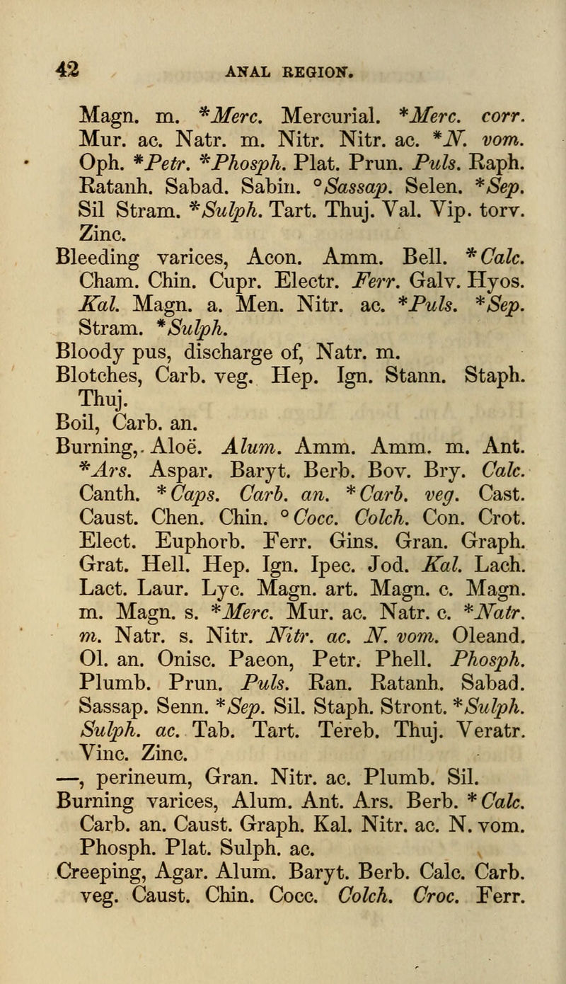 Magn. m. %Merc. Mercurial. *Merc. corr. Mur. ac. Natr. m. Nitr. Nitr. ac. *N. vom. Oph. *Petr. *Phosph. Plat. Prun. Puis. Raph. Ratanh. Sabad. Sabin. °Sassap. Selen. *Sep. Sil Stram. * Sulph. Tart. Thuj. Val. Vip. torv. Zinc. Bleeding varices, Aeon. Amm. Bell. *Calc. Cham. Chin. Cupr. Electr. Ferr. Galv. Hyos. Kal. Magn. a. Men. Nitr. ac. *Puls. *Sep. Stram. *Sulph. Bloody pus, discharge of, Natr. m. Blotches, Carb. veg. Hep. Ign. Stann. Staph. Thuj. Boil, Carb. an. Burning,. Aloe. Alum. Amm. Amm. m. Ant. *Ars. Aspar. Baryt. Berb. Bov. Bry. Calc. Canth. *Caps. Carb. an. *Carb. veg. Cast. Caust. Chen. Chin. °Cocc. Colch. Con. Crot. Elect. Euphorb. Ferr. Gins. Gran. Graph. Grat. Hell. Hep. Ign. Ipec. Jod. Kal. Lach. Lact. Laur. Lye. Magn. art. Magn. c. Magn. m. Magn. s. *Merc. Mur. ac. Natr. c. *Natr. m. Natr. s. Nitr. Nitr. ac. JV. vom. Oleand. 01. an. Onisc. Paeon, Petr. Phell. Phosph. Plumb. Prun. Puis. Ran. Ratanh. Sabad. Sassap. Senn. *Sep. Sil. Staph. Stront. * Sulph. Sulph. ac. Tab. Tart. Tereb. Thuj. Veratr. Vine. Zinc. —, perineum, Gran. Nitr. ac. Plumb. Sil. Burning varices, Alum. Ant. Ars. Berb. *Calc. Carb. an. Caust. Graph. Kal. Nitr. ac. N. vom. Phosph. Plat. Sulph. ac. Creeping, Agar. Alum. Baryt. Berb. Calc. Carb. veg. Caust. Chin. Cocc. Colch. Croc. Eerr.