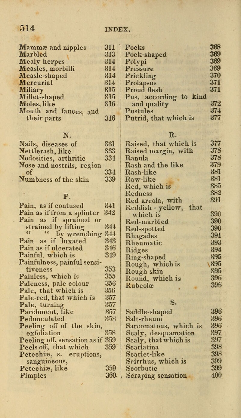 Mammae and nipples 311 Marbled 313 Mealy herpes 314 Measles, morbilli 314 Measle-shaped 314 Mercurial 314 Miliary 315 Millet-shaped 315 Moles, like 316 Mouth and fauces, and their parts 316 N. Nails, diseases of 331 Nettlerash, like 333 Nodosities, arthritic 334 Nose and nostrils, region of 334 Numbness of the skin 339 Pain, as if contused 341 Pain as if from a splinter 342 Pain as if sprained or strained by lifting 344   by wrenching 344 Pain as if luxated 343 Pain as if ulcerated 346 Painful, which is 349 Painfulness, painful sensi- tiveness 353 Painless, which is 355 Paleness, pale colour 356 Pale, that which is 356 Pale-red, that which is 357 Pale, turning 357 Parchment, like 357 Pedunculated 358 Peeling off of the skin, exfoliation 358 Peeling off, sensation as if 359 Peels off, that which 359 Petechia?, s. eruptions, sanguineous, Petechias, like 359 Pimples 360. Pocks Pock-shaped Polypi Pressure Prickling Prolapsus Proud flesh 369 369 369 370 371 371 Pus, according to kind and quality 372 Pustules 374 Putrid, that which is 377 R. Raised, that which is 377 Raised margin, with 378 Ranula 378 Rash and the like 379 Rash-like 381 Raw-like 381 Red, which is 385 Redness 382 Red areola, with 391 Reddish - yellow, that which is 390 Red-marbled 390 Red-spotted 390 Rhagades 391 Rheumatic 393 Ridges 394 Ring-shaped 395 Rough, which is 395 Rough skin 395 Round, which is 396 Rubeola? 396 S. Saddle-shaped 396 Salt-rheum 396 Sarcomatous, which is 396 Scaly, desquamation 397 Scaly, that which is 397 Scarlatina 398 Scarlet-like 398 Scirrhus, which is 399 Scorbutic 399 Scraping sensation 400