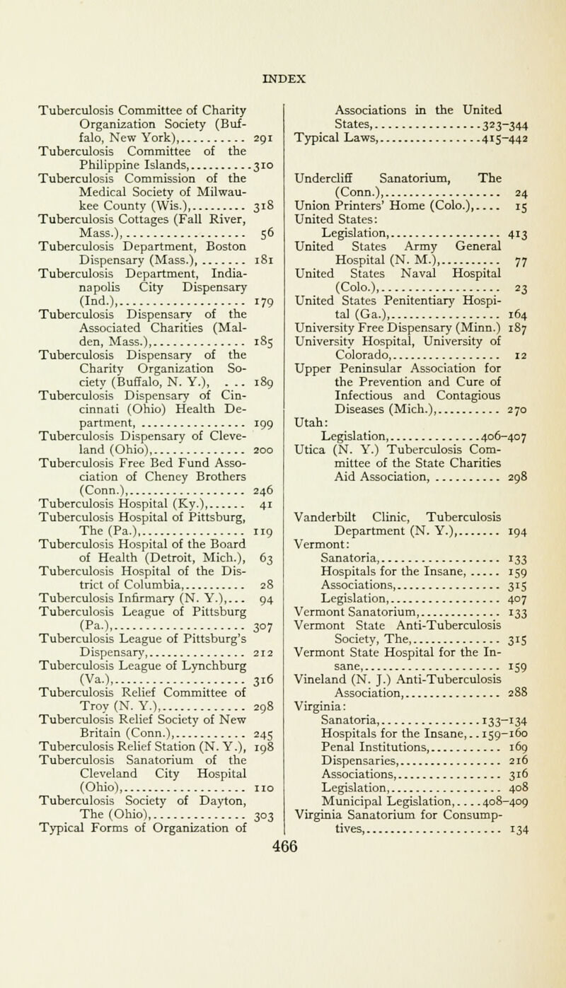 Tuberculosis Committee of Charity Organization Society (Buf- falo, New York) 291 Tuberculosis Committee of the Philippine Islands 310 Tuberculosis Commission of the Medical Society of Milwau- kee County (Wis.), 318 Tuberculosis Cottages (Fall River, Mass.), 56 Tuberculosis Department, Boston Dispensary (Mass.), 181 Tuberculosis Department, India- napolis City Dispensary (Ind.), 179 Tuberculosis Dispensary of the Associated Charities (Mai- den, Mass.) 185 Tuberculosis Dispensary of the Charity Organization So- ciety (Buffalo, N. Y.), ... 189 Tuberculosis Dispensary of Cin- cinnati (Ohio) Health De- partment, 199 Tuberculosis Dispensary of Cleve- land (Ohio), 200 Tuberculosis Free Bed Fund Asso- ciation of Cheney Brothers (Conn.), 246 Tuberculosis Hospital (Ky.), 4r Tuberculosis Hospital of Pittsburg, The (Pa.), 119 Tuberculosis Hospital of the Board of Health (Detroit, Mich.), 63 Tuberculosis Hospital of the Dis- trict of Columbia 28 Tuberculosis Infirmary (N. Y.), 94 Tuberculosis League of Pittsburg (Pa.) 3°7 Tuberculosis League of Pittsburg's Dispensary 212 Tuberculosis League of Lynchburg (Va.), 316 Tuberculosis Relief Committee of Troy (N. Y.), 298 Tuberculosis Relief Society of New Britain (Conn.), 245 Tuberculosis Relief Station (N. Y.), 198 Tuberculosis Sanatorium of the Cleveland City Hospital (Ohio) no Tuberculosis Society of Dayton, The (Ohio), 303 Typical Forms of Organization of Associations in the United States, 323-344 Typical Laws, 415-442 Underdid Sanatorium, The (Conn.), 24 Union Printers' Home (Colo.), 15 United States: Legislation, 413 United States Army General Hospital (N. M.), 77 United States Naval Hospital (Colo.) 23 United States Penitentiary Hospi- tal (Ga.), 164 University Free Dispensary (Minn.) 187 University Hospital, University of Colorado 12 Upper Peninsular Association for the Prevention and Cure of Infectious and Contagious Diseases (Mich.), 270 Utah: Legislation 406-407 Utica (N. Y.) Tuberculosis Com- mittee of the State Charities Aid Association, 298 Vanderbilt Clinic, Tuberculosis Department (N. Y.), 194 Vermont: Sanatoria, 133 Hospitals for the Insane, 159 Associations, 315 Legislation, 407 Vermont Sanatorium, 133 Vermont State Anti-Tuberculosis Society, The, 315 Vermont State Hospital for the In- sane 159 Vineland (N. J.) Anti-Tuberculosis Association, 288 Virginia: Sanatoria, J33—J34 Hospitals for the Insane,.. 159-160 Penal Institutions, 169 Dispensaries, 216 Associations, 316 Legislation 408 Municipal Legislation, 408-409 Virginia Sanatorium for Consump- tives, 134